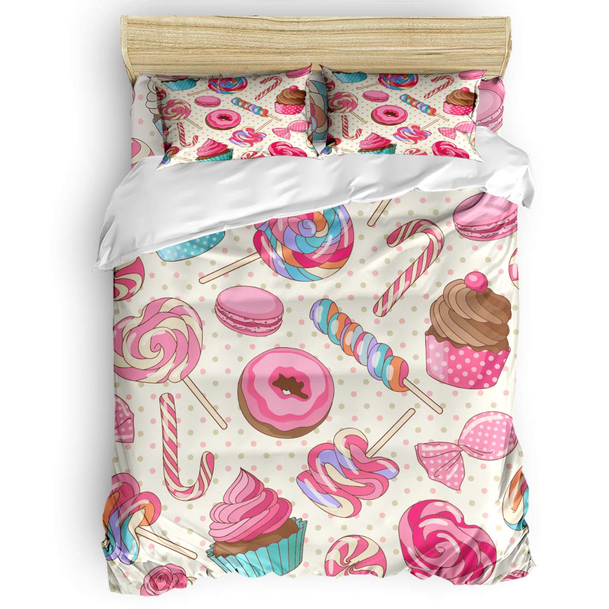 4-Piece King Size Pink Donut Ice Cream & Lollipop Printed Duvet Cover Set - Soft Bedding Set with Duvet Cover, Flat Sheet & Pillow Cases for Adults Teens Kids - Perfect for Bedroom Decor, Gift Ideas & Sweet Dreams