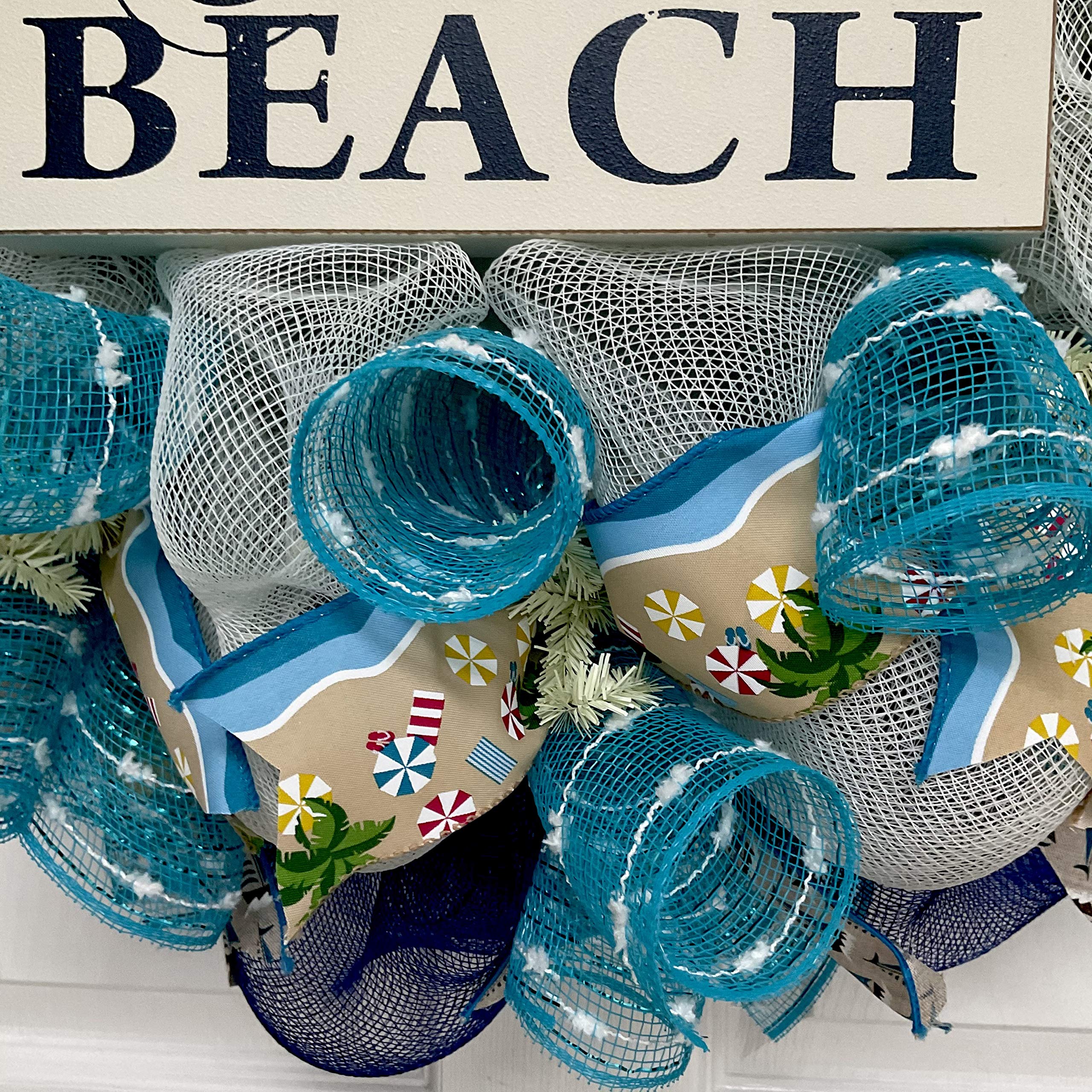 Handmade Deco Mesh Wreath for Beach Decor - Coastal Home Decor, Front Door Wreath for Summer, Beach House Wall Hanging