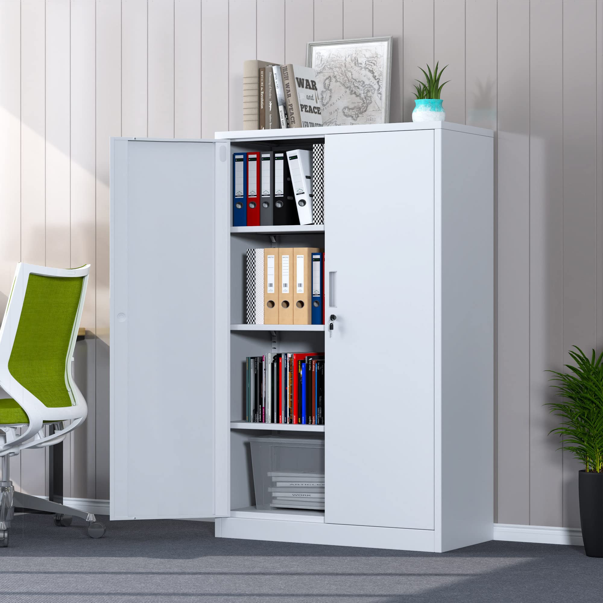 53.5-Inch White Metal Storage Cabinet with Locking Doors & 3 Adjustable Shelves - Secure Home Office, Garage, Kitchen Pantry Organizer for Files, Tools & Supplies