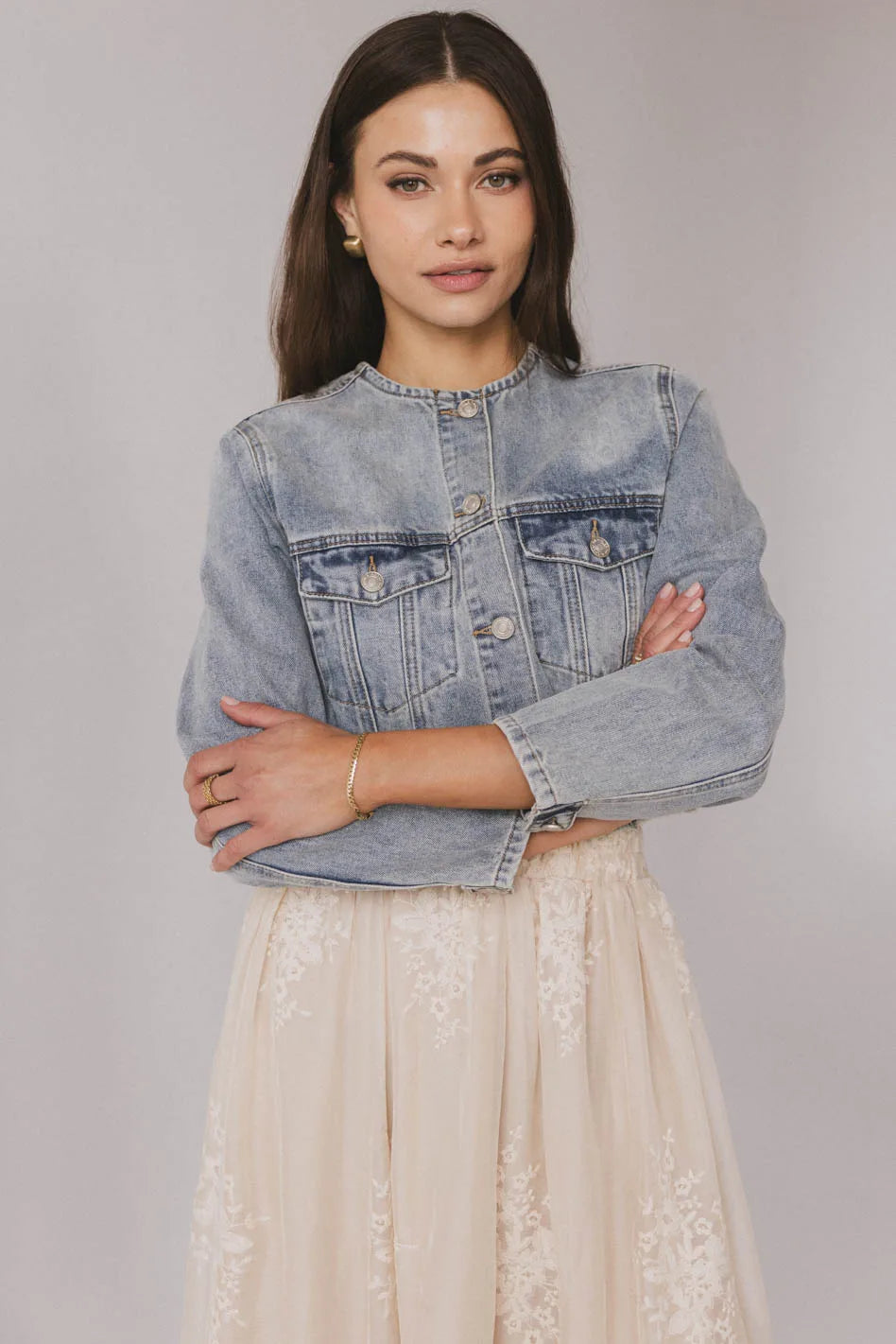 Marlowe Cropped Denim Jacket for Women - Vintage Distressed Light Wash Denim Shirt - Perfect for Spring, Fall & Casual Outfits