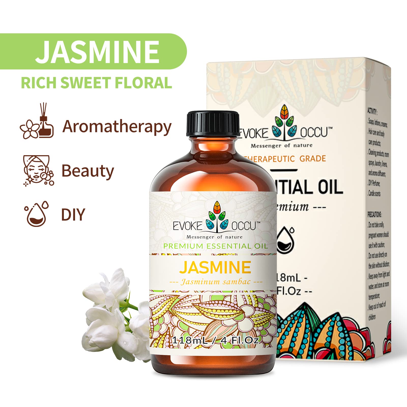 EVOKE OCCU 100% Pure Essential Oils Set - Jasmine, Vanilla, Lavender, Chamomile & Eucalyptus (4oz) for Skin Care, Hair Treatment, Aromatherapy & Diffuser Use - Perfect for Relaxation, Massage & Home Spa