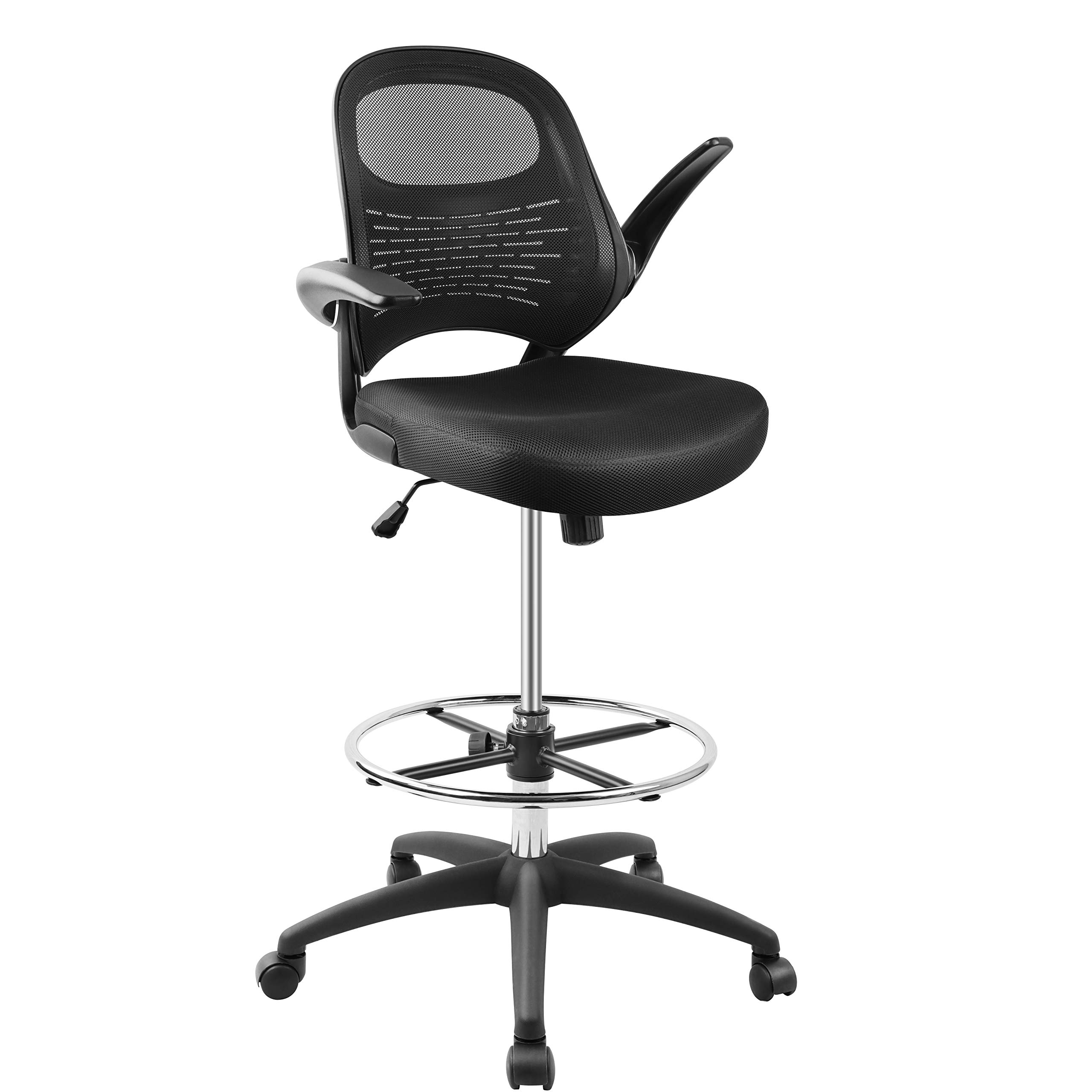 Hylone Adjustable Drafting Chair - Ergonomic Mesh Office Chair for Standing Desks with Foot Ring & Flip-Up Arms - Perfect for Architects, Artists & Home Office Workspaces (Black)
