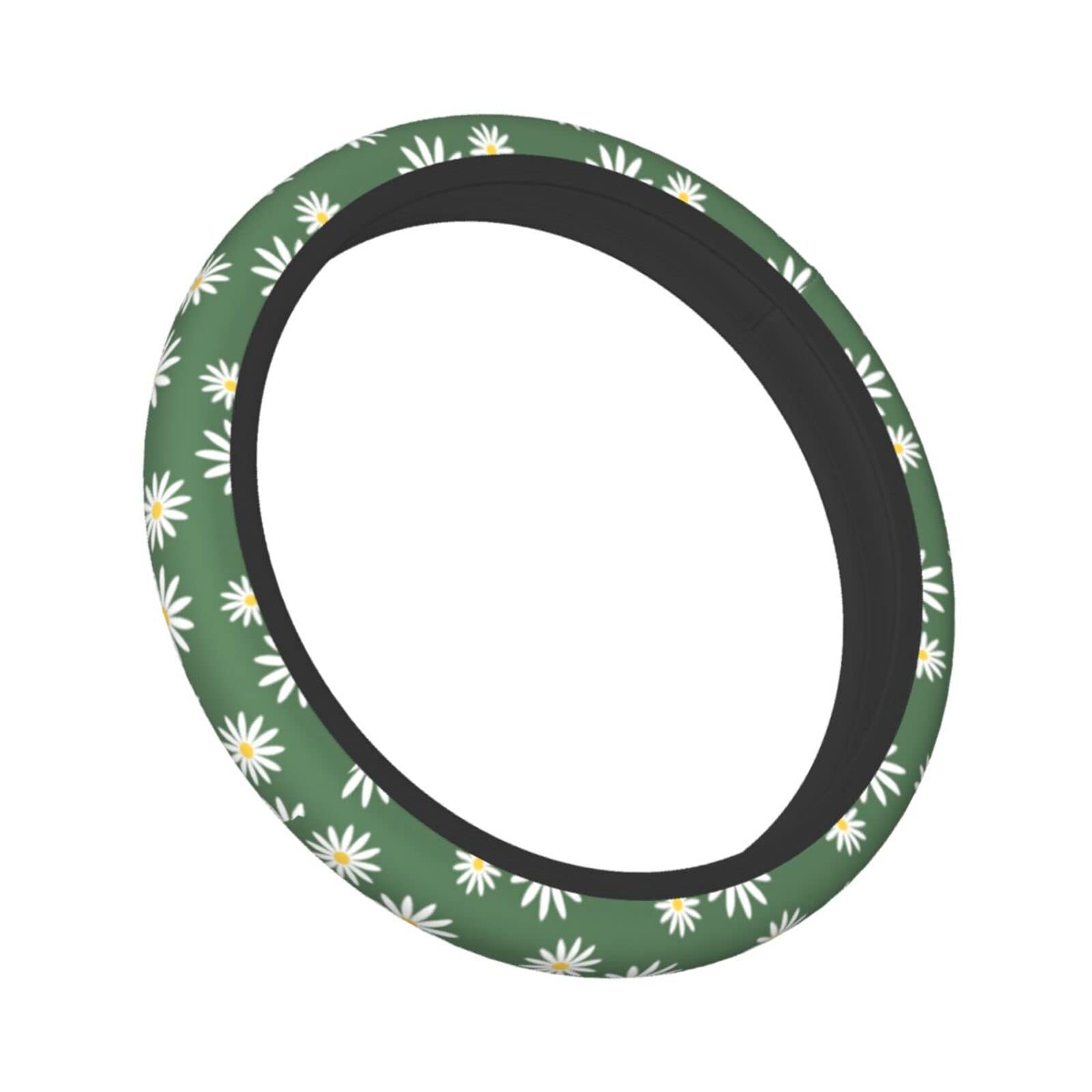 Universal 15 Inch Green Daisy Flower Steering Wheel Cover - Soft Neoprene Car Wheel Protector with Cute Daisy Print - Perfect for Women's Cars, Summer Driving & Vintage Vehicle Accessories
