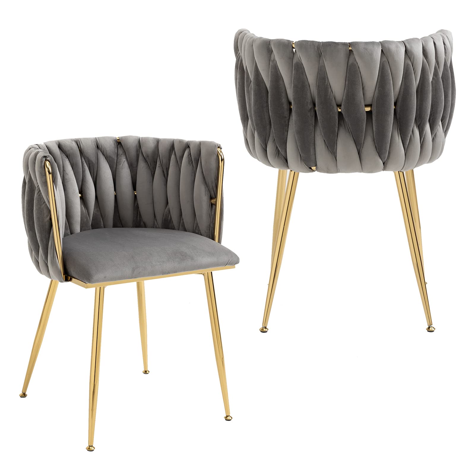 Modern Velvet Dining Chairs Set of 2 - Hand Woven Upholstered Accent Chairs with Golden Metal Legs for Living Room, Kitchen, Dining Room & Vanity - Grey Velvet Side Chairs for Home Decor & Entertaining