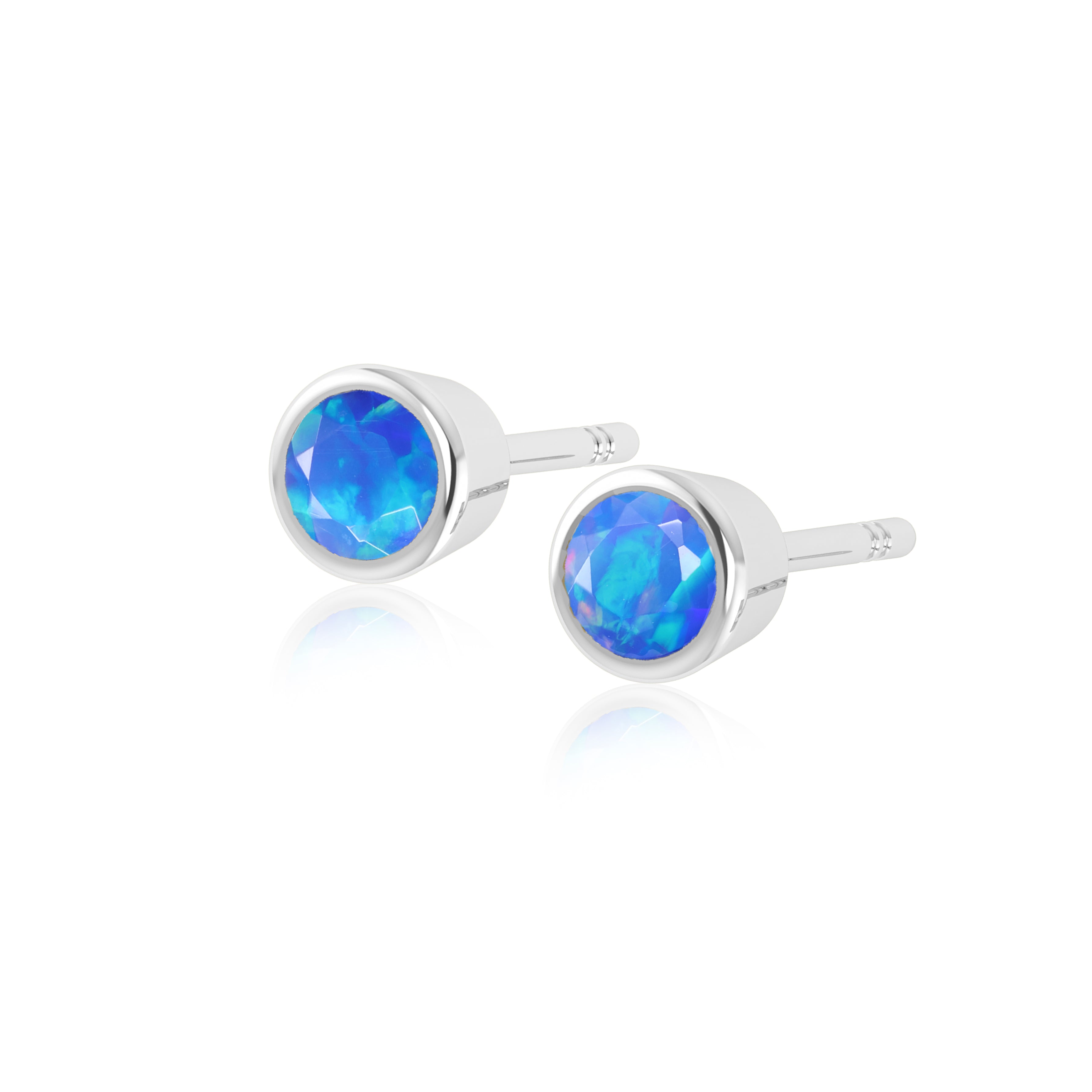 Blue Fire Round Opal Bezel Stud Earrings for Women - Sterling Silver Dainty Jewelry - Perfect for Everyday Wear, Gift Giving & Special Occasions