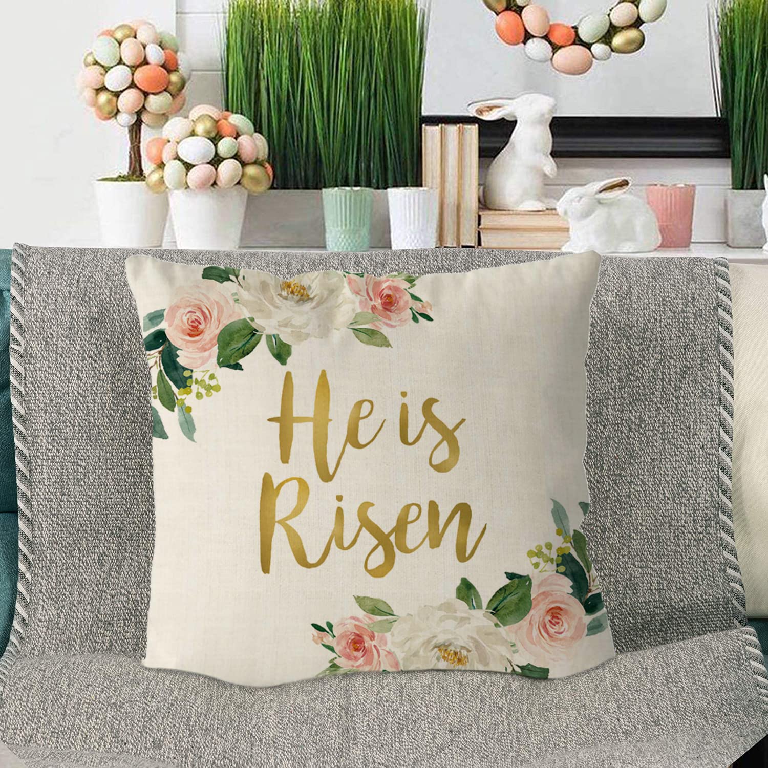 GAGEC 18x18 Inch He is Risen Floral Easter Pillow Covers - Farmhouse Spring Decor for Sofa, Bedroom, Couch | Religious Home Decor & Seasonal Throw Pillow Cases