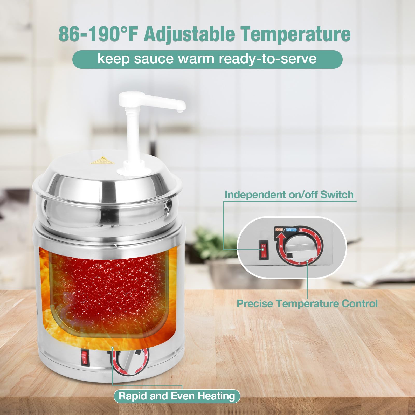Commercial 7 QT Electric Stainless Steel Hot Fudge Dispenser with Temperature Control & Plastic Pump - 110V/200W Nacho Cheese Warmer for Buffets, Bakeries, Restaurants - Perfect for Chocolate Fountain, Caramel Sauce, and Cheese Dips at Parties, Cafes & Catering Events