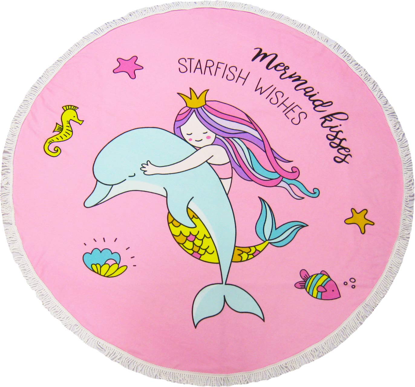 Mermaid Kisses Starfish Wishes 5 ft Round Ultra Soft & Absorbent Microfiber Beach Towel Blanket with Tassels - Perfect for Beach, Pool, Picnic, Yoga & Outdoor Activities