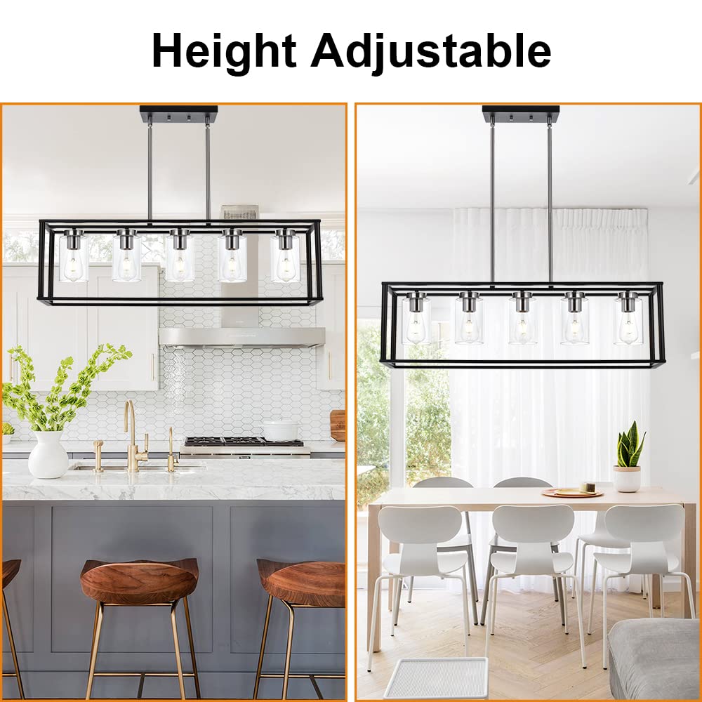VINLUZ Modern 5-Light Rectangle Chandelier in Brushed Nickel & Black - Clear Glass Shade Farmhouse Pendant Light for Dining Room, Kitchen Island & Living Room Ceiling | Perfect for Rustic, Industrial & Contemporary Home Decor