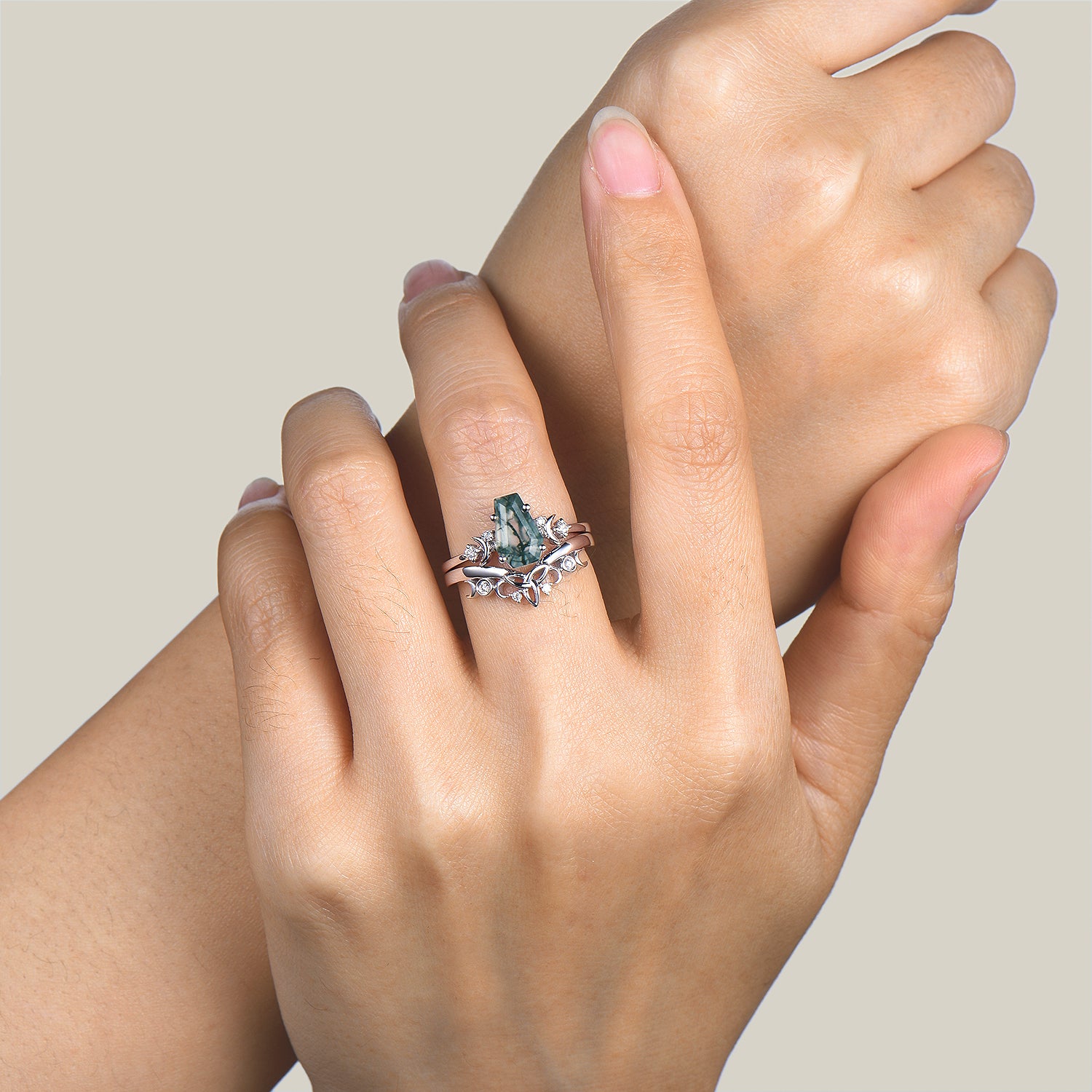 Natural Moss Agate Moon Engagement Ring with Diamond Accents - Celtic Knot Bridal Wedding Set for Women - Perfect for Handfasting Ceremonies, Boho Chic & Nature-Inspired Proposals