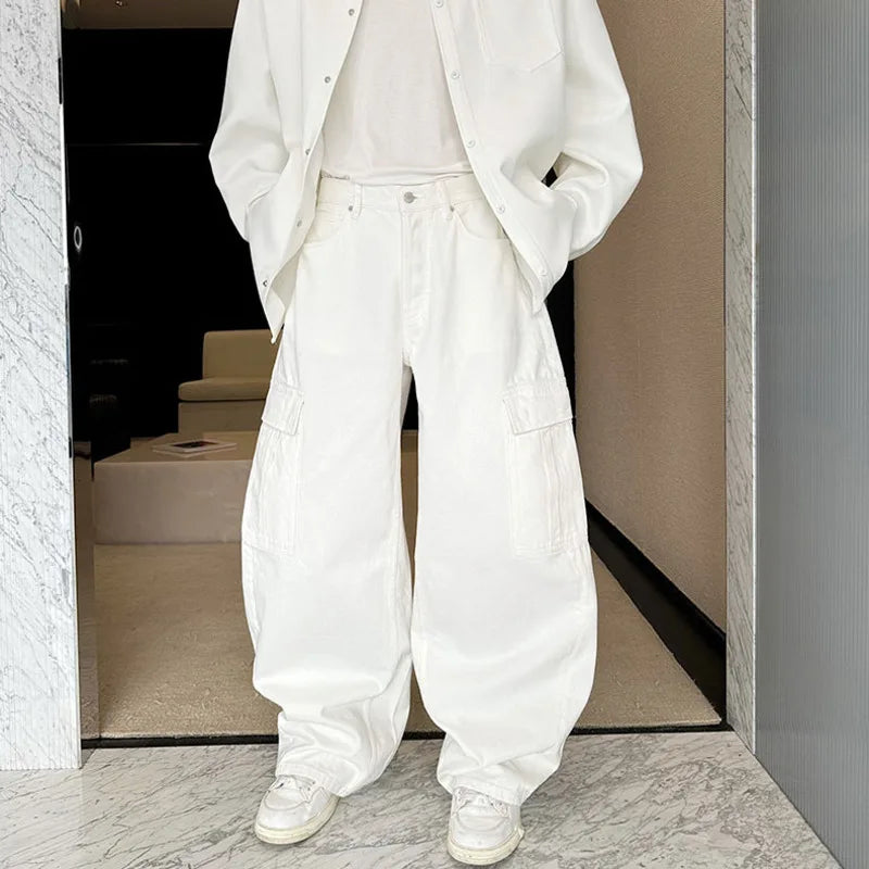 2024 New Fashion Men's American Style Wide Leg Pants - Solid Color Casual Zipper Trousers for Autumn/Winter | Comfortable & Trendy 3D Fit | Streetwear, Office, Weekend Outfits
