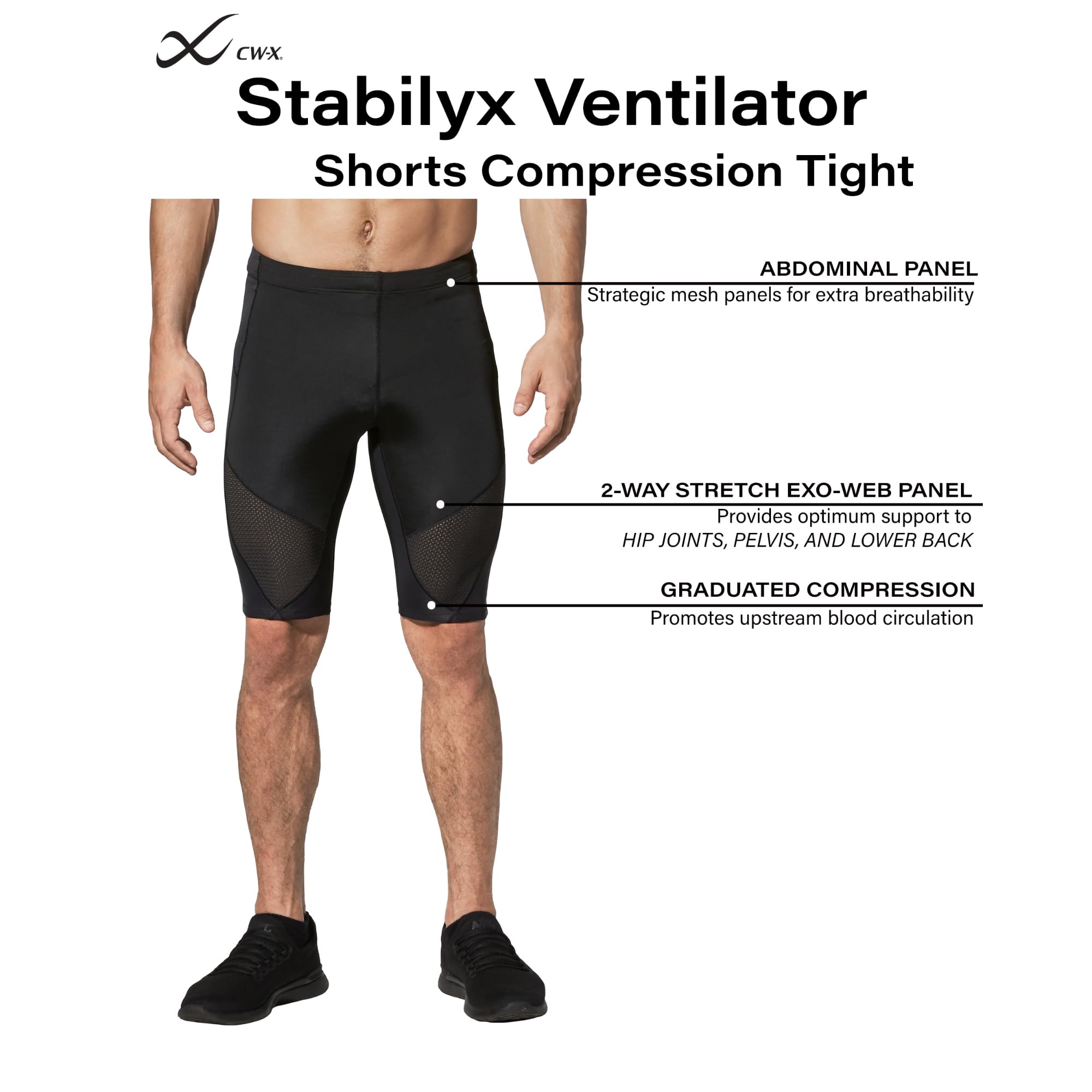 CW-X Men's Stabilyx Ventilator Joint Support Compression Shorts - Breathable Workout Gear for Running, Cycling & Cross Training - Knee & Hip Stabilization for Active Lifestyles