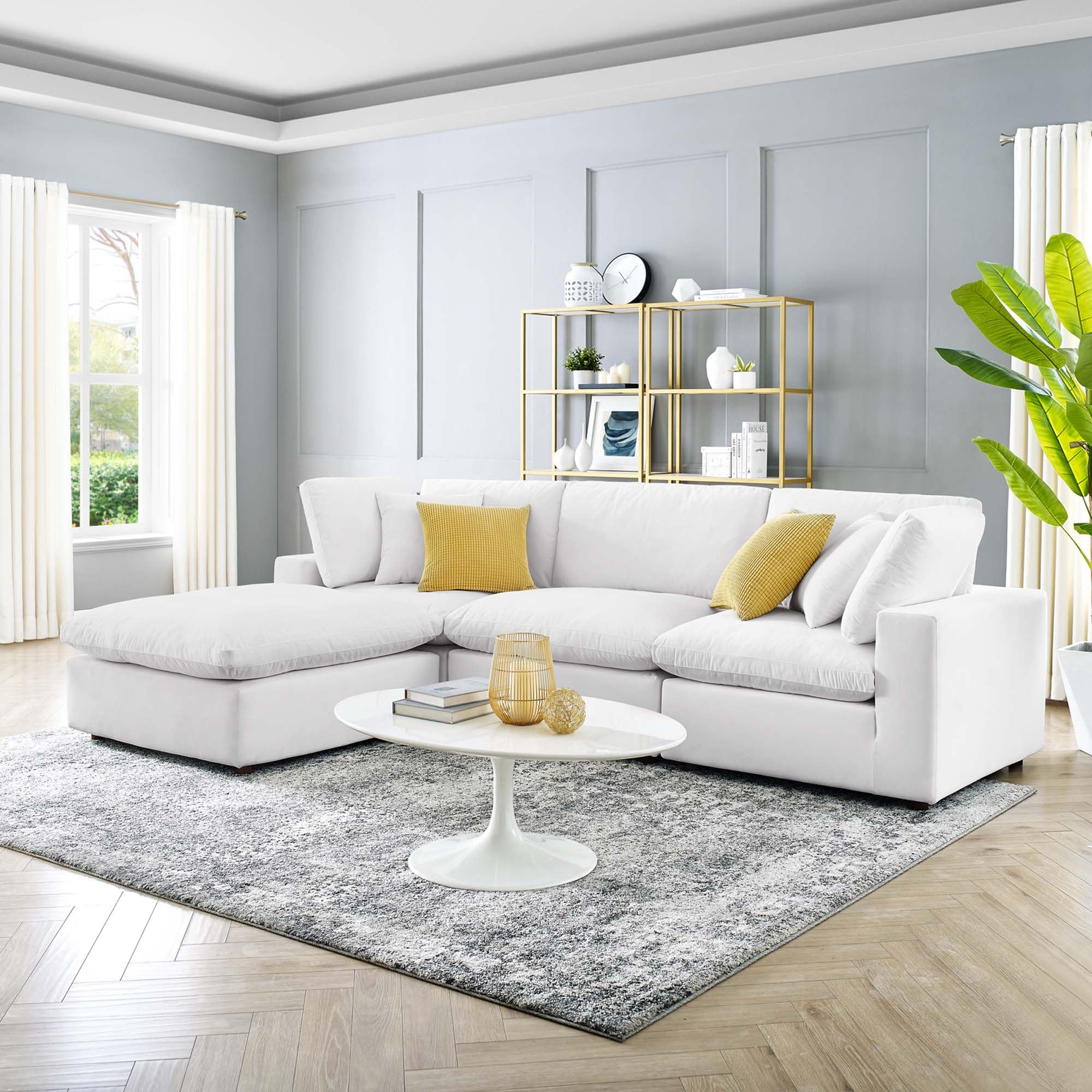 Modway Commix Down-Filled Overstuffed Performance Velvet 4-Piece Sectional Sofa Set - Luxurious Comfort for Living Room, Lounge & Entertainment Spaces
