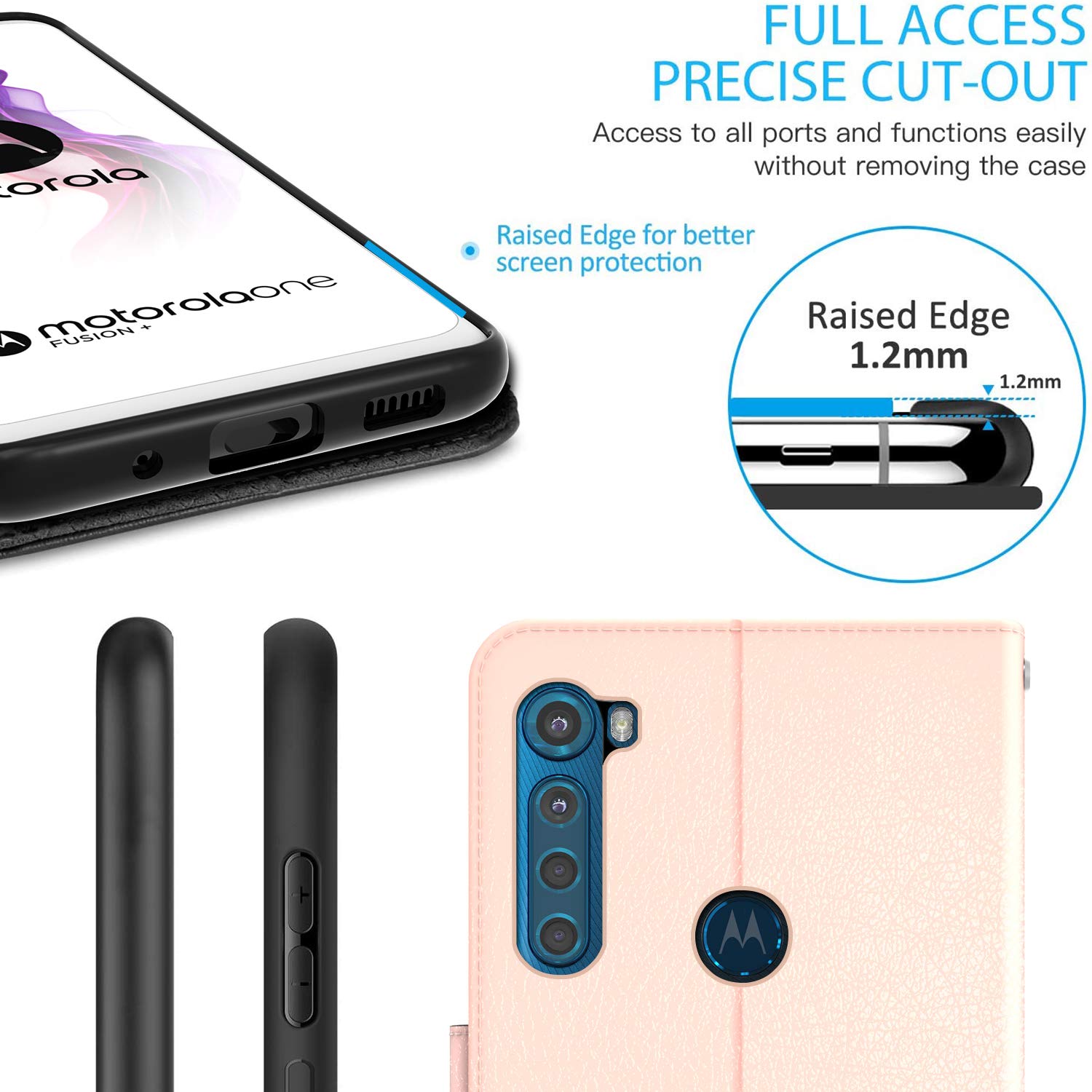 RFID Blocking PU Leather Wallet Case for Motorola Moto One Fusion Plus - Rose Gold Flip Folio Stand Cover with Card Slots | Perfect for Travel, Business & Everyday Use