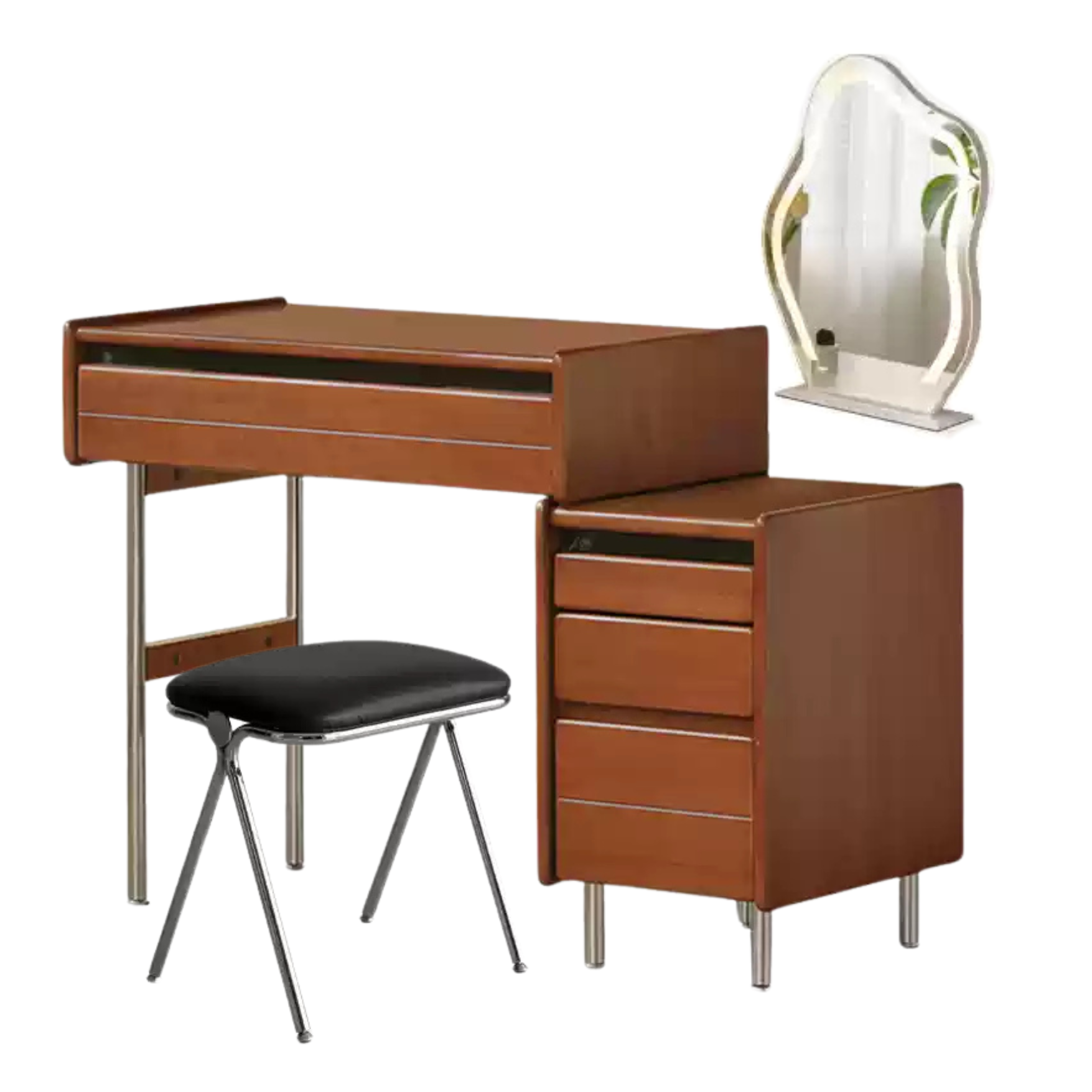32.2-42.5x17.7x29.2 inch / 82.5-108.8x45x76.3cm / Teak color / makeup table + makeup stool + makeup mirror
