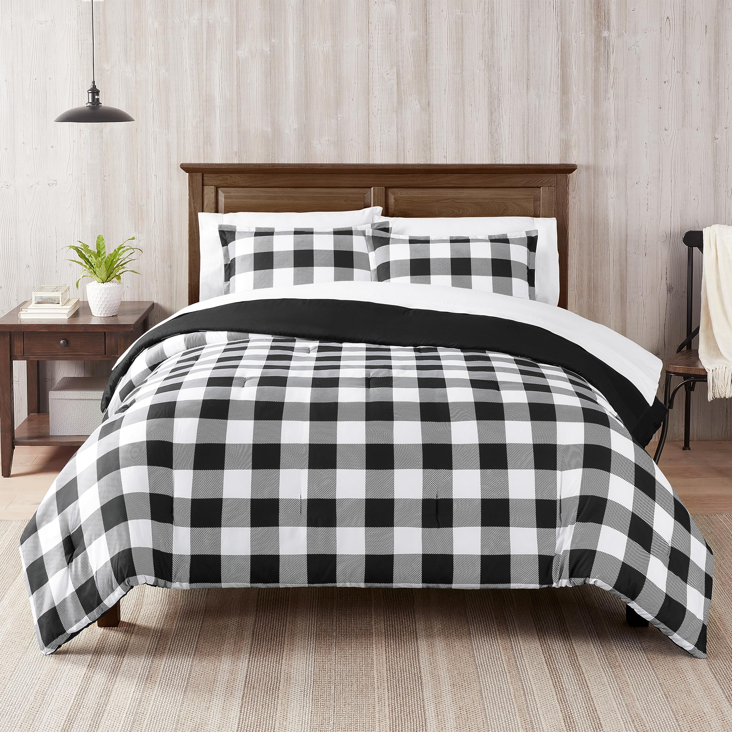 Serta Simply Clean Alex Soft Modern Buffalo Check Plaid 3-Piece Comforter Set with Pillowcases - All Season Full/Queen Size Bedding in Black & White - Perfect for Cozy Bedrooms, Guest Rooms & Dorm Decor