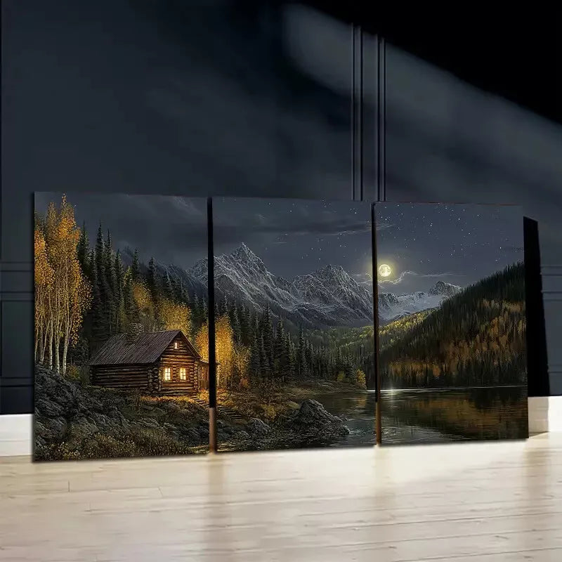 3pcs Small Wooden House in The Forest Wall Art Set - Framed Canvas 50x70cm - High Quality Print - 100% Australian Made - Ready to Hang - Perfect for Living Room, Bedroom & Office Decor