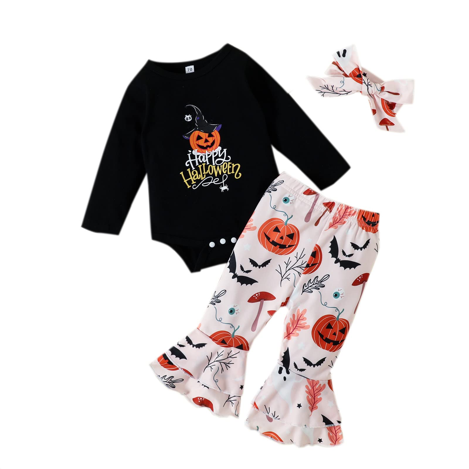 Halloween Baby Girl Outfit Set - Long Sleeve Letter Romper Top & Cartoon Bell Bottom Pants with Headband | Cute Toddler Costume for Halloween Party, Photo Shoot & Dress Up Play