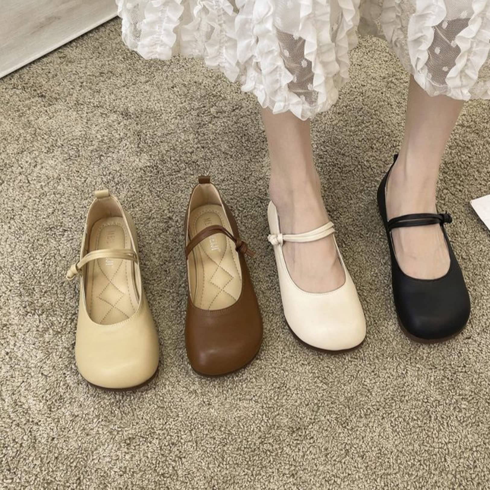 Women's Wide Width Square Toe Flats - Lightweight Mary Janes with Flexible Double Strap - Faux Leather Walking Shoes for Work, Travel & Casual Wear