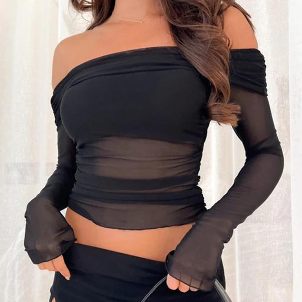 ABAFIP Women's Sheer Crop Top - Ruched Ruffle Off Shoulder Mesh Long Sleeve Blouse for Rave, Party & Night Out | Sexy Clubwear & Festival Fashion