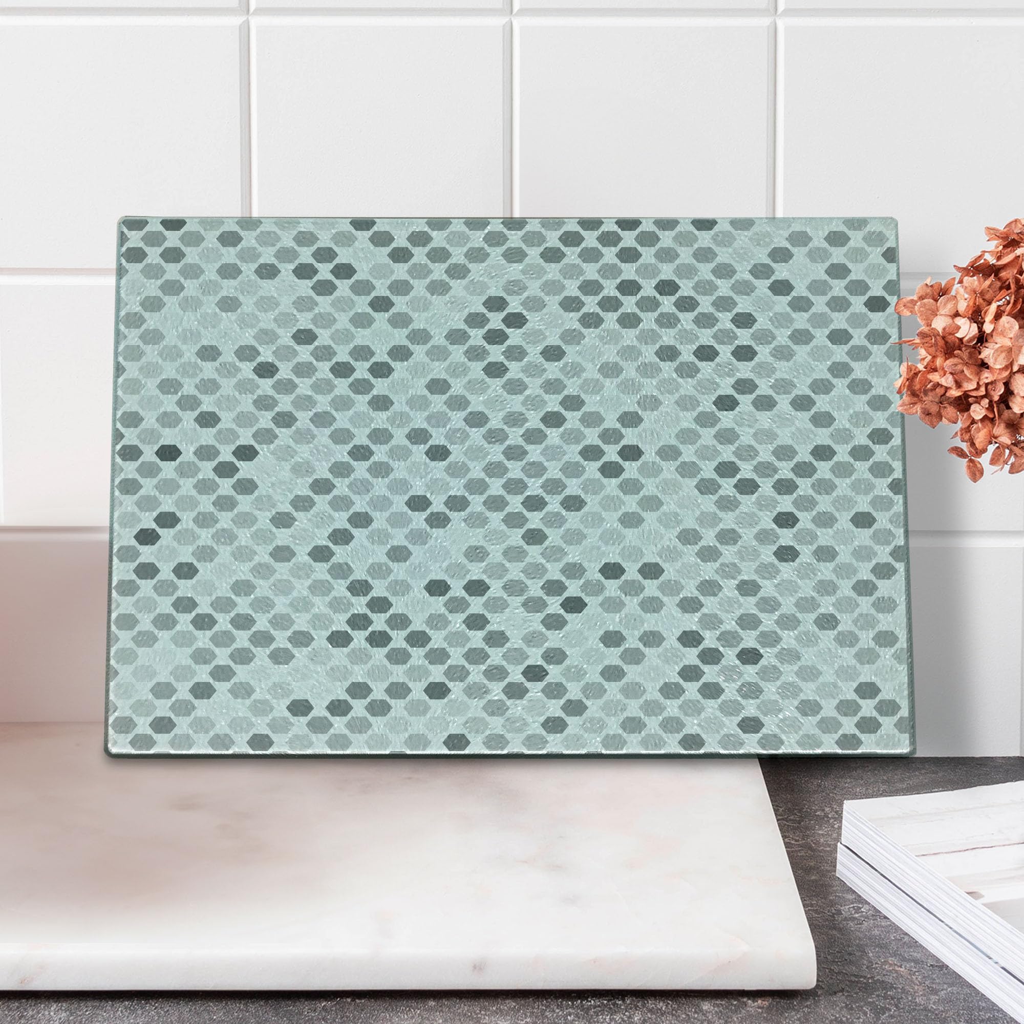 Ambesonne Grey Hexagon Pattern Tempered Glass Cutting Board - Small Decorative Serving Tray for Kitchen, Charcuterie & Cheese Display - Abstract Zig Zag Design with Vivid Dark Color Art Print