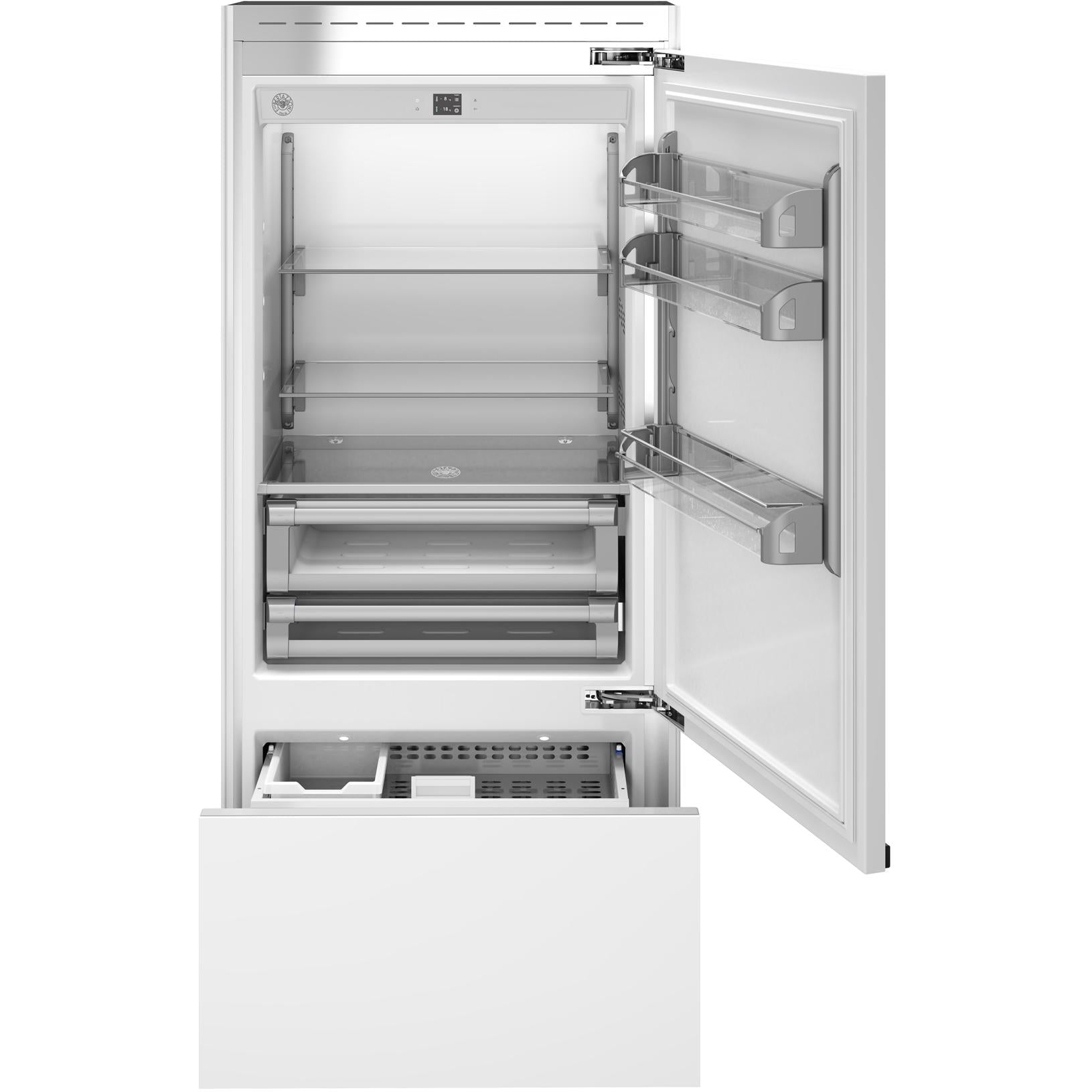 Bertazzoni 36 Inch Built-In Bottom Freezer Refrigerator - 19.6 cu. ft. Capacity, Digital Display, Stainless Steel (REF36BMBIPRT) - Perfect for Modern Kitchens and Open-Concept Homes