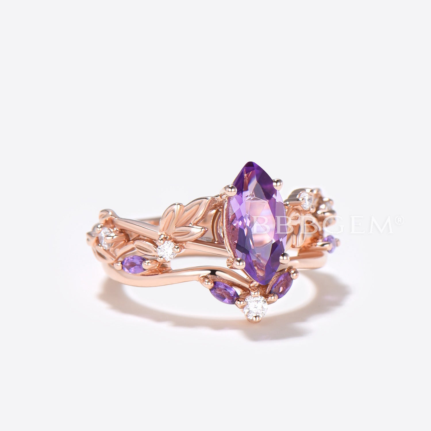 Nature Inspired Marquise Amethyst Engagement Ring - Leaf Vine Design Wedding Band for Women | Perfect for Proposals, Anniversaries & Romantic Occasions