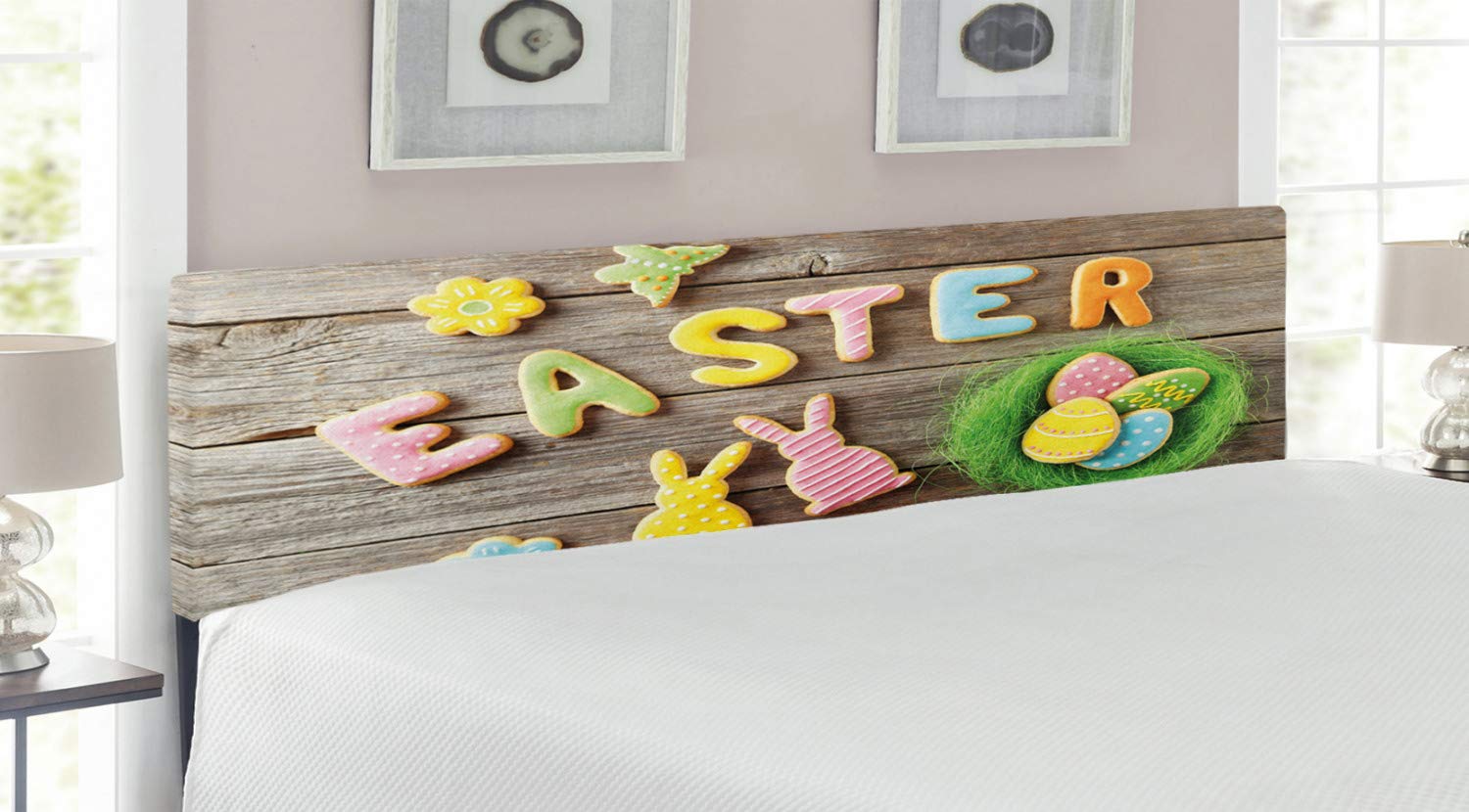 Lunarable Easter Headboard - Custom Printed Upholstered Metal Bed Headboard with Memory Foam, King Size, Multicolor Fun Cookie Cake Design on Rustic Backdrop - Perfect for Holiday Bedroom Decor & Easter Themed Home Staging