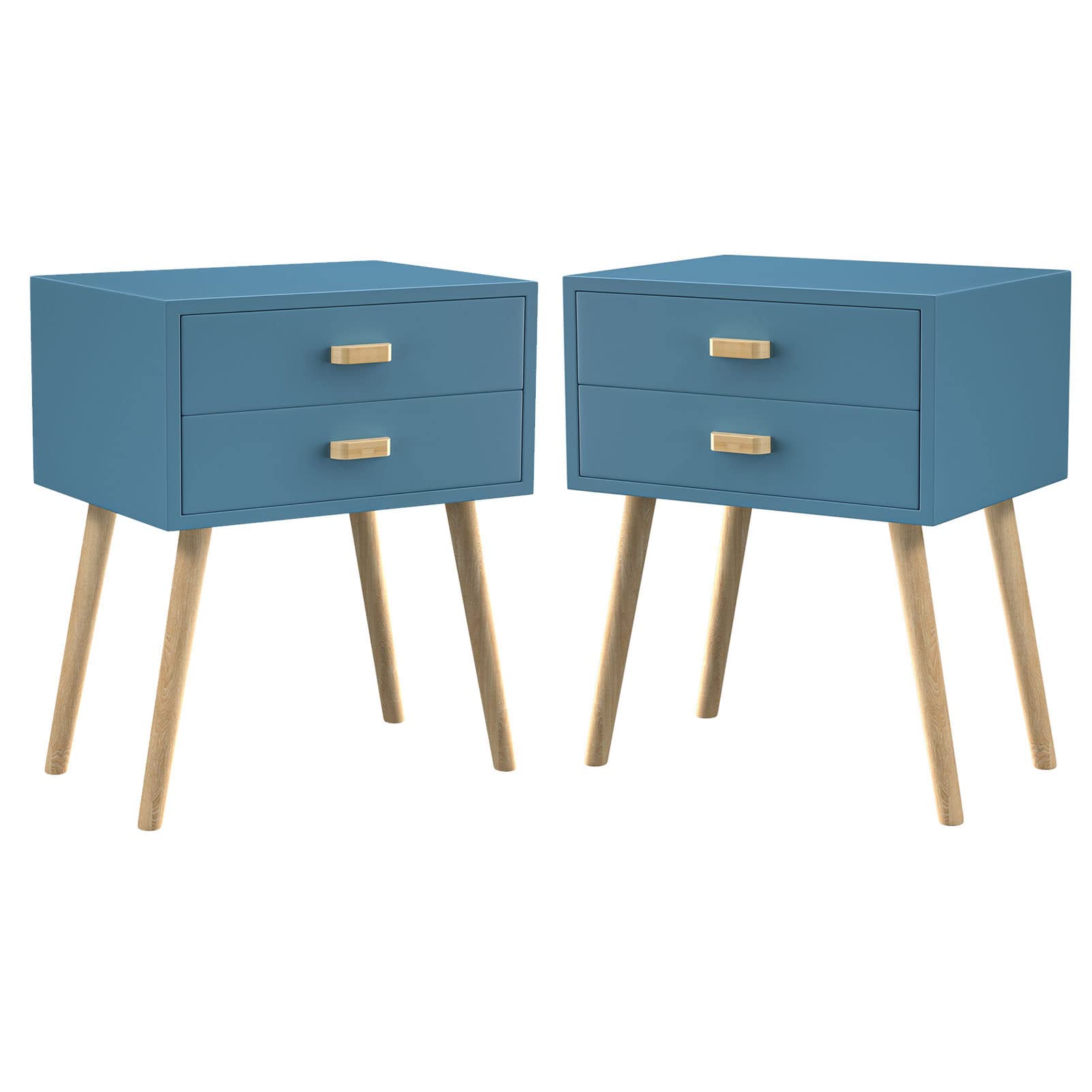 Mid-Century Modern Wood Nightstand Set of 2 - Bedside End Tables with 2 Storage Drawers & Wooden Legs - Perfect for Bedroom, Living Room & Small Space Furniture