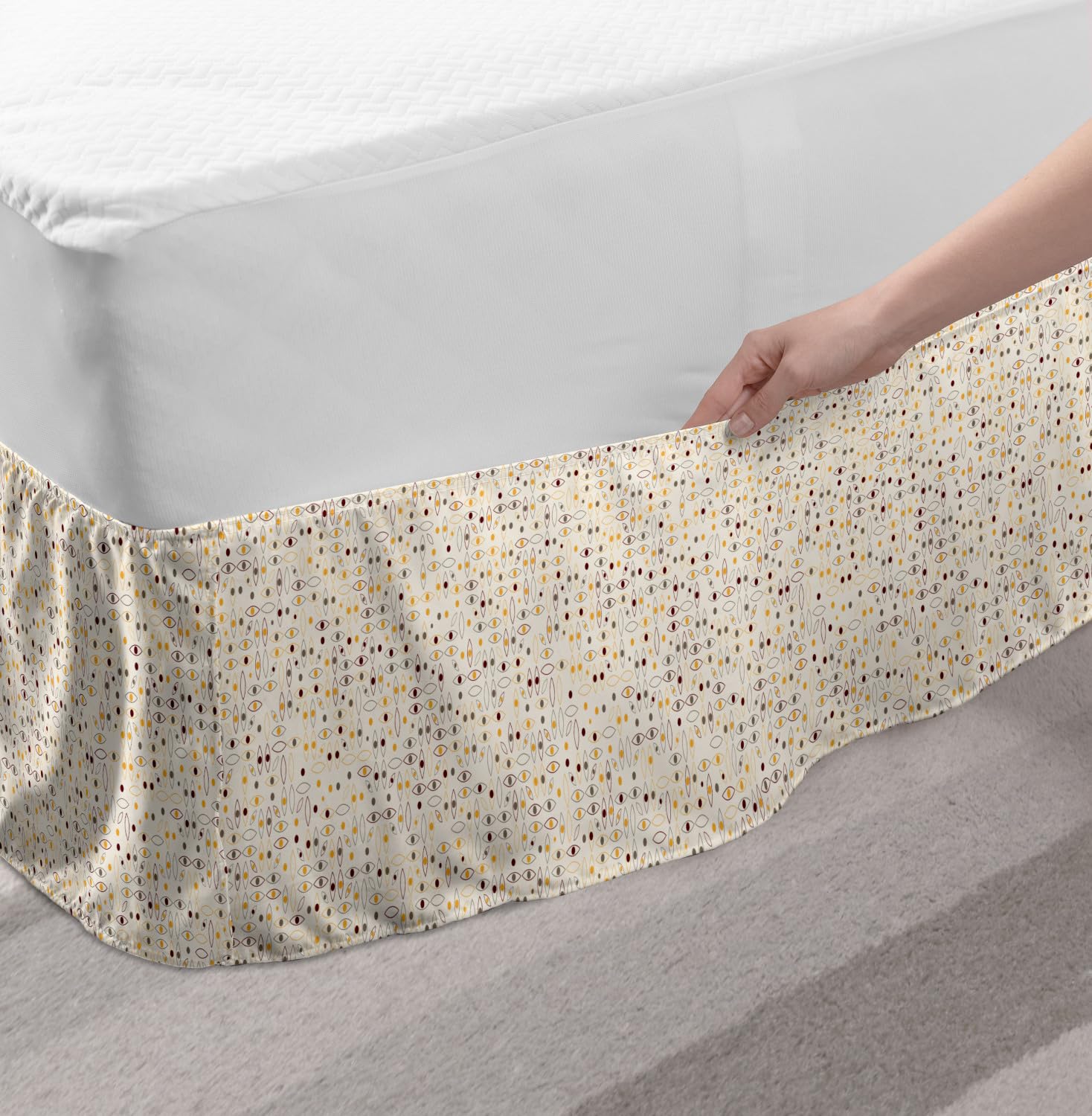 Ambesonne Abstract Elastic Bed Skirt - Geometric Eye & Circular Mini Design, Wrap Around Fabric Dust Ruffle for King Size Beds (Eggshell Maroon) | Perfect for Modern Bedroom Decor & Guest Room Styling