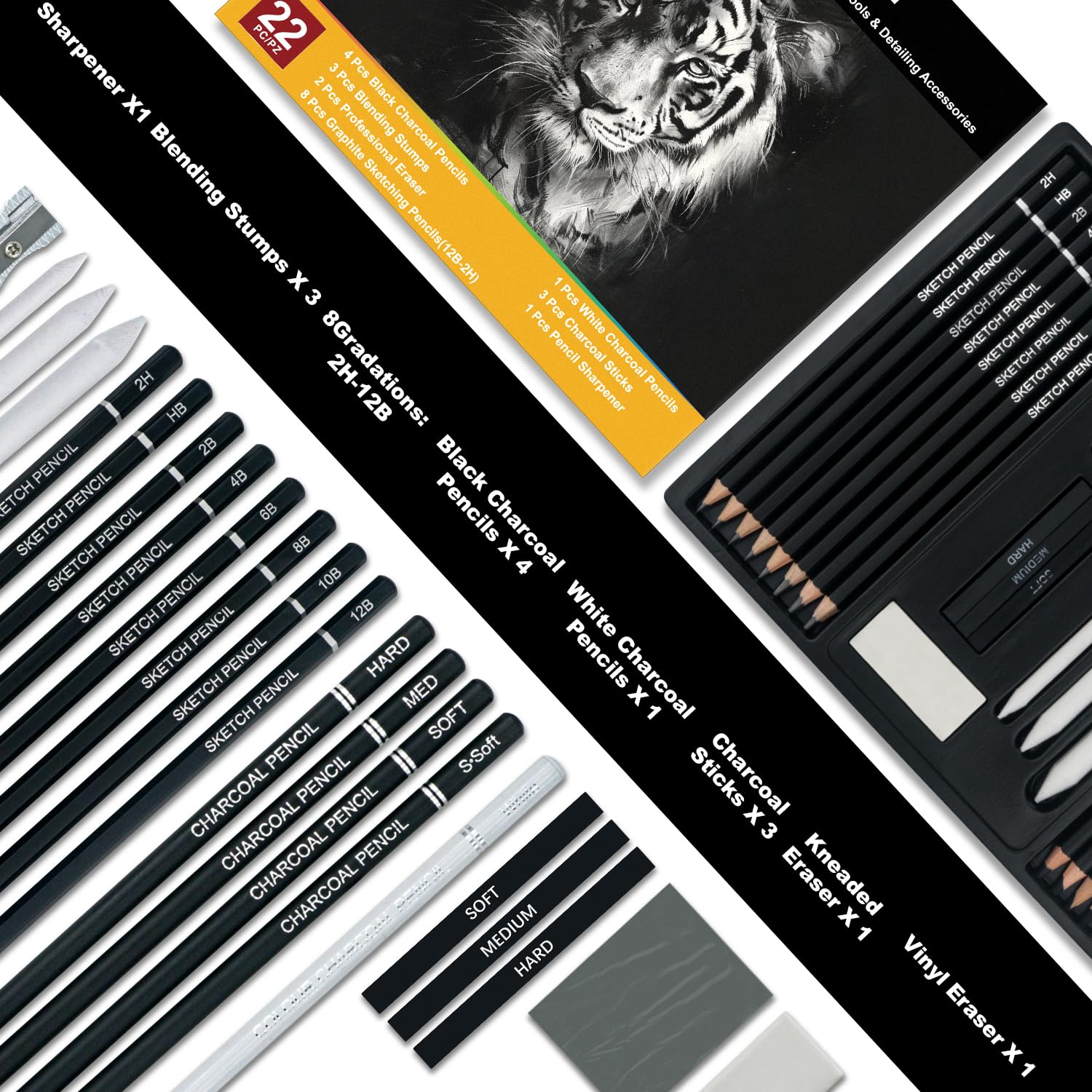 Professional 22-Piece Charcoal Pencil Set for Drawing & Sketching - Art Supplies for Shading, Detailing & Sketching - Ideal for Beginners & Professional Artists - Perfect for Portraits, Landscapes & Still Life Drawings