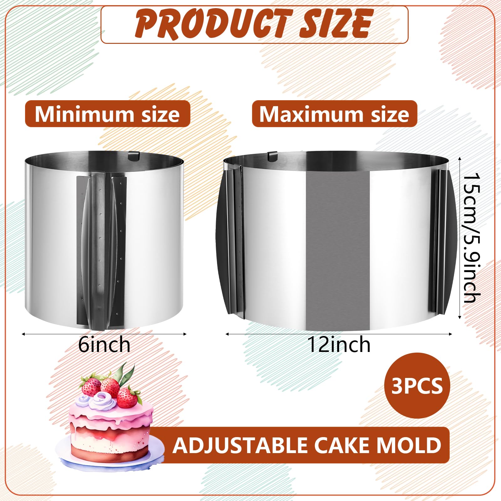 3-Piece Adjustable Cake Ring Set - 6 to 12 Inch Stainless Steel Baking Mold for Round Cakes, Mousse & Pastries | 15cm High with Scaling Marks | Perfect for DIY Desserts, Home Baking & Professional Cake Making