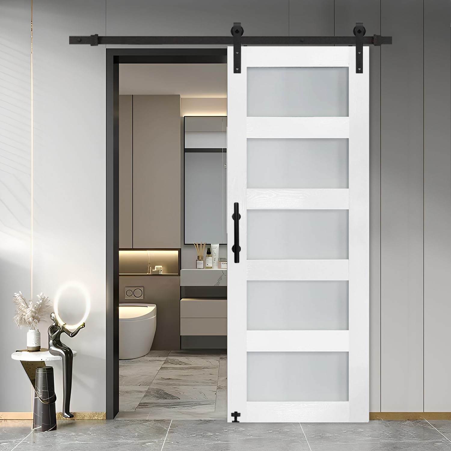 S&Z TOPHAND® 30x80 Inch Frosted Glass Sliding Barn Door with Hardware Kit - 5 Tempered Glass Panels, Waterproof PVC Surface, Easy DIY Installation for Bedroom, Closet or Room Divider