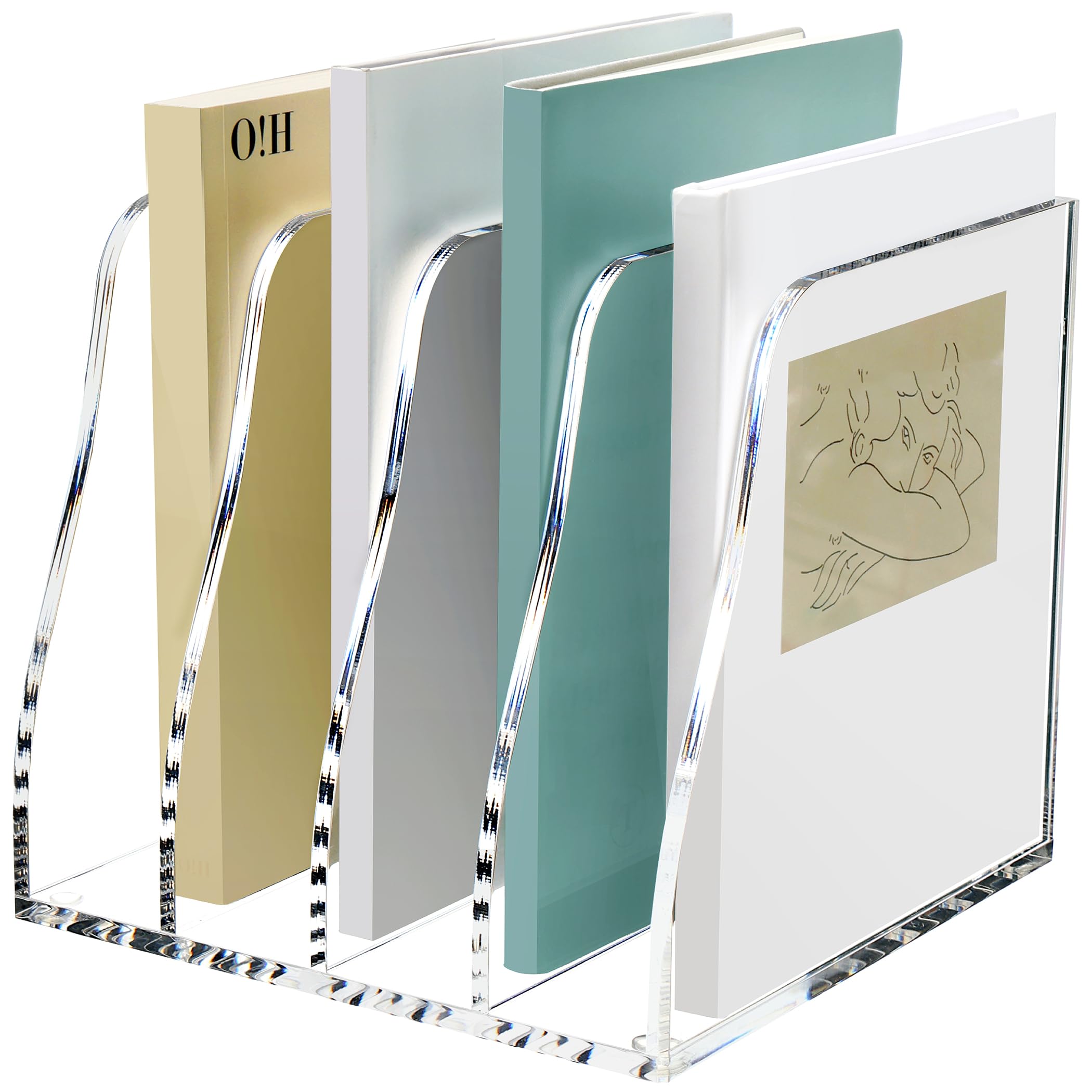 SANRUI Clear Acrylic Desk File Organizer - 4 Vertical Compartments Magazine File Holder for Office Organization | Workspace Storage Solution for Documents, Folders & Office Accessories | Perfect for Home Office, School & Workplace
