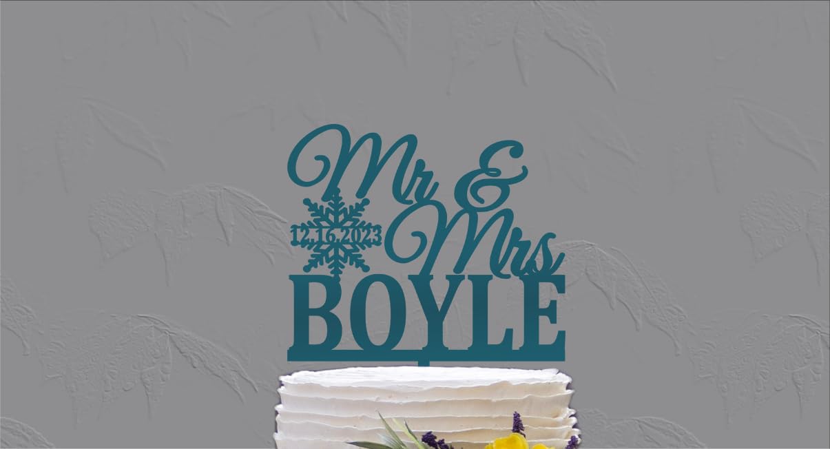 Personalized Winter Wedding Cake Topper - Snowflake Mr & Mrs Cake Decor with Custom Last Name & Date - Rustic Gold Anniversary Cake Topper for Wedding & Special Celebrations