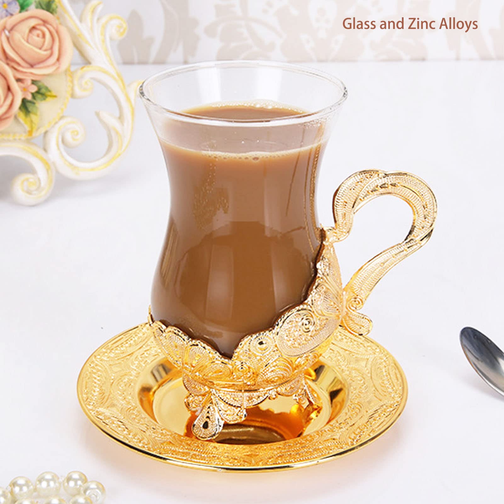 Vintage European Style Carved Coffee Cup and Saucer Set - Gold Zinc Alloy Tea Cup with Matching Saucer - Perfect for Home, Cafe, Restaurant, and Office Use