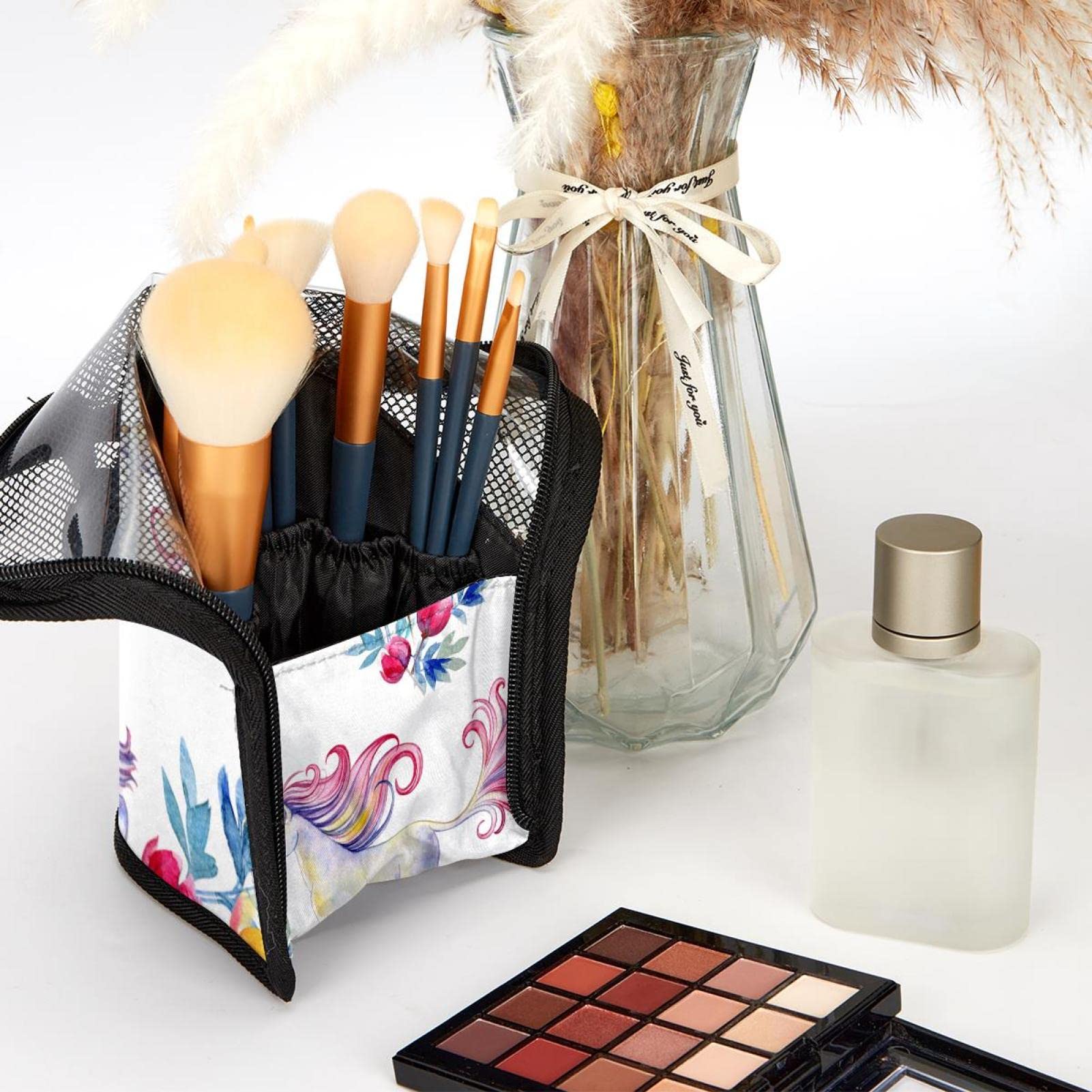 Waterproof Makeup Brush Organizer Bag with 12 Cosmetic Brushes - Unicorn & Floral Design Portable Travel Case for Professional Makeup Artists & Beauty Enthusiasts - Perfect for Home, Travel, and Salon Use