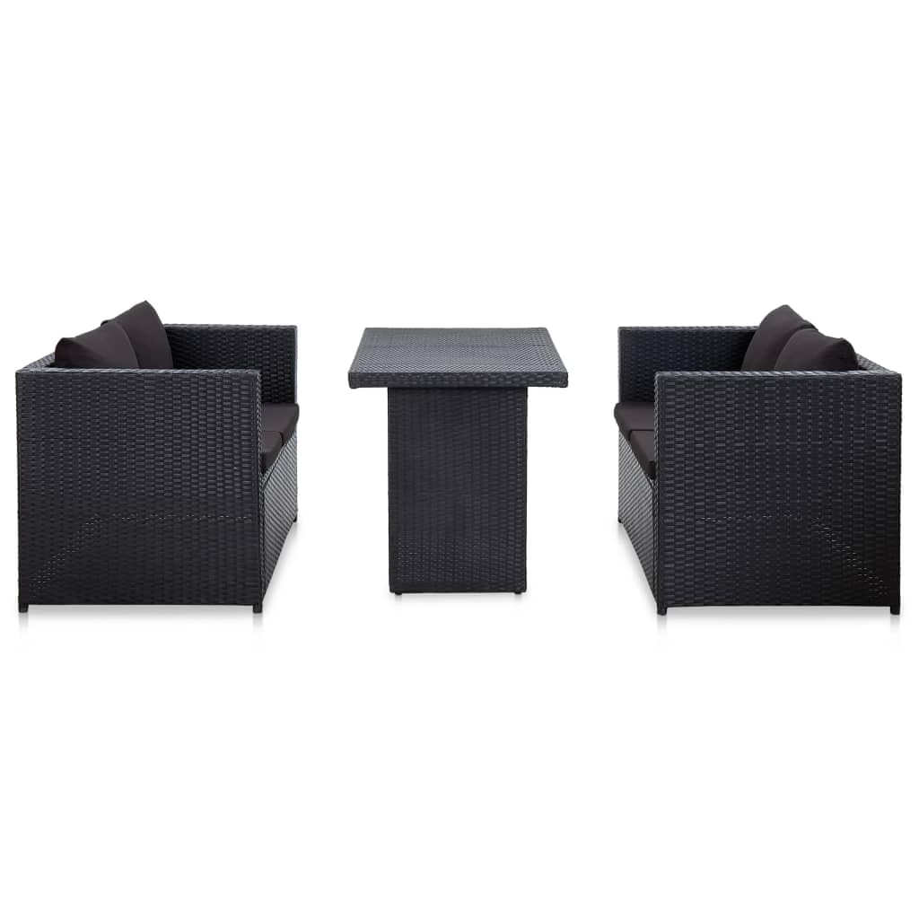 vidaXL 3-Piece Patio Lounge Set - Outdoor Garden Furniture with Cushions, Black Poly Rattan Sectional Sofa Bench | Perfect for Backyard, Poolside & Patio Relaxation