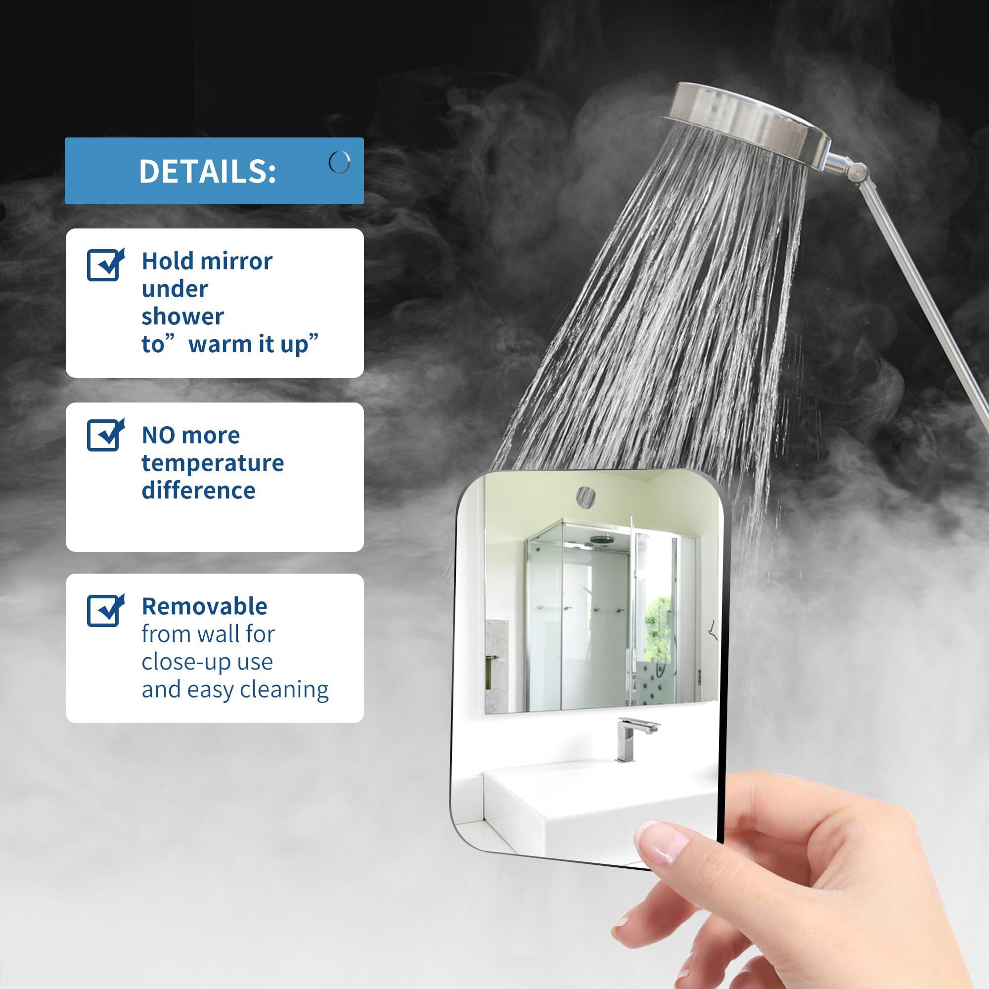 Unbreakable Shower Mirror for Shaving - Large 10.8x7.8 Inch Fogless Bathroom Mirror with Strong Adhesive Mount, Perfect for Men's Grooming, Travel & Camping - Ideal for Home, Gym and Outdoor Use