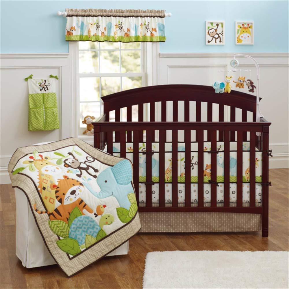 SpringBaby 9-Piece Neutral Crib Bedding Set for Boys & Girls - Soft Cotton Safari Woodland Theme with Lion, Deer, Elephant Patterns in Yellow, Blue & Orange - Perfect for Nursery, Baby Shower Gifts & Portable Cribs