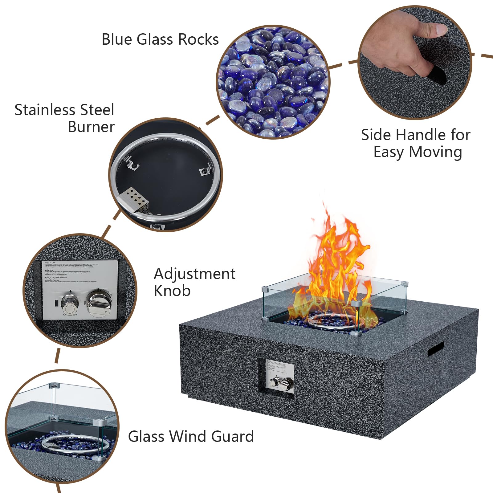 GARVEE 2-Piece 36-Inch Outdoor Propane Fire Pit Set - 50,000 BTU Gas Fire Pit Table with 16-Inch Tank Side Table, Removable Lid, Wind Guard, Blue Glass Rocks & Rain Cover - Perfect for Patio, Backyard, Garden & Camping Gatherings