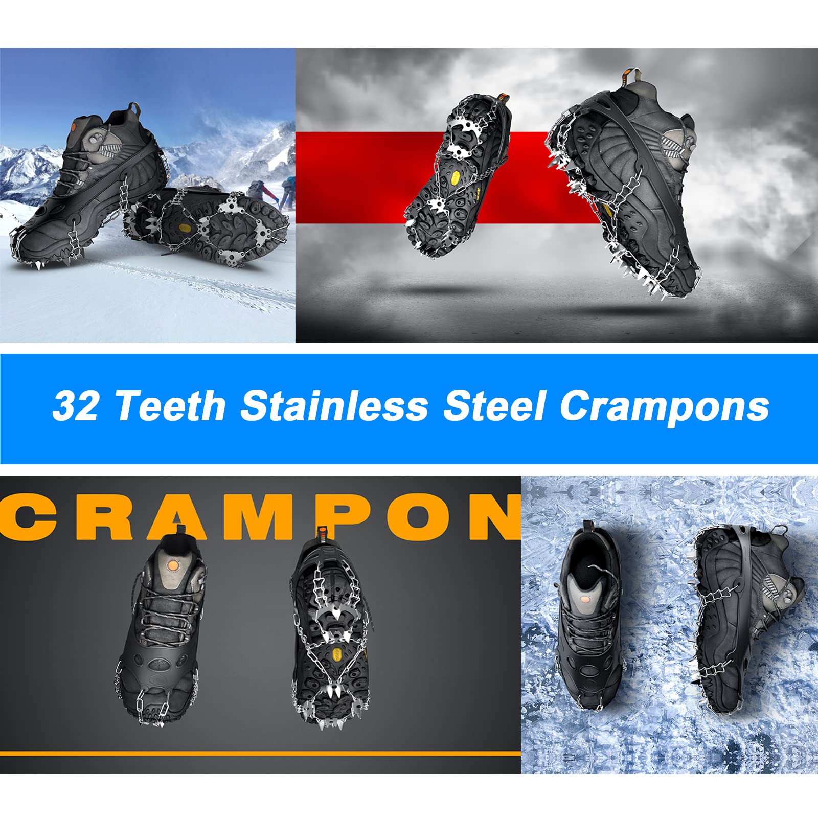 Best Ice Cleats & Crampons for Hiking Boots - Non-Slip Snow Traction Spikes with Chains for Men & Women - Perfect for Winter Hiking, Ice Fishing & Snowshoeing