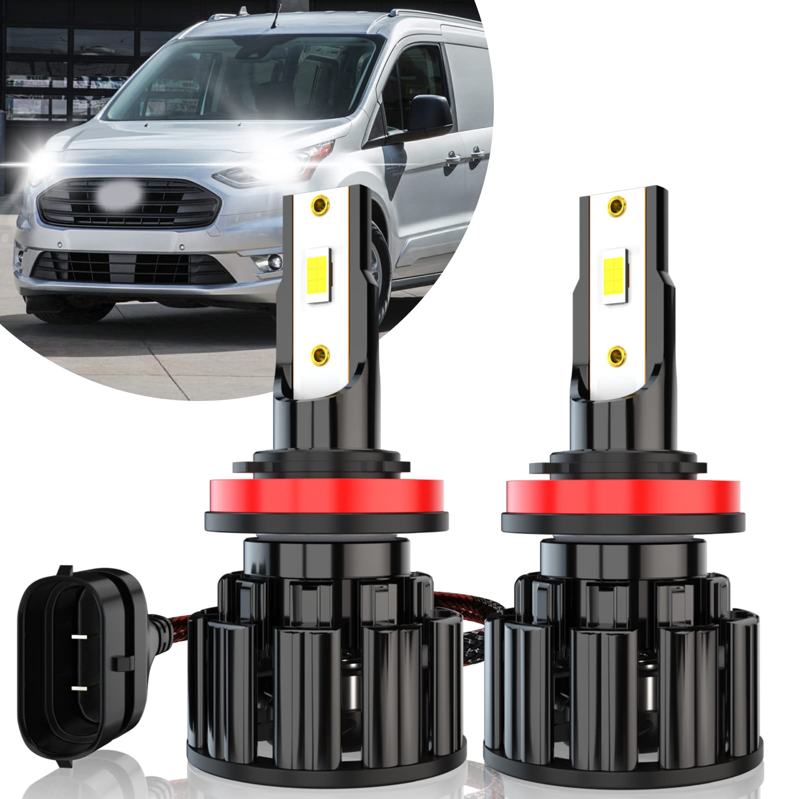 Super Bright 60W 10000LM H11 LED Headlight Bulbs for Ford Transit Connect 2014-2020 - High/Low Beam H8 H9 Replacement Kit, 6000K White, IP67 Waterproof, Plug and Play (Pack of 2) - Perfect for Night Driving & Off-Road Adventures