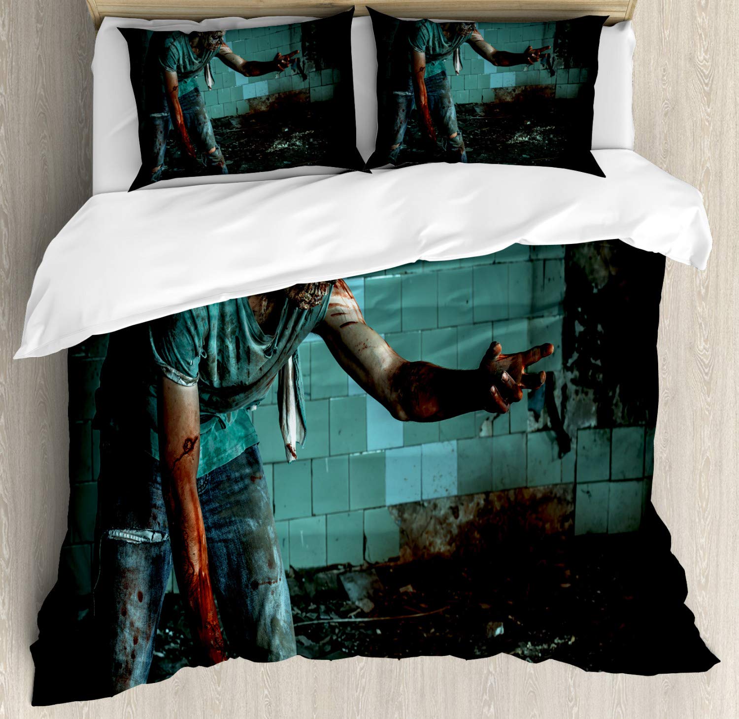 Ambesonne Zombie Duvet Cover Set - King Size 2-Pack with 4 Pillowcases | Horror Theme Bedding Featuring Abandoned House & Bloody Fantasy Art in Teal & Charcoal Grey | Perfect for Halloween Decor, Horror Movie Nights & Gothic Bedroom Themes