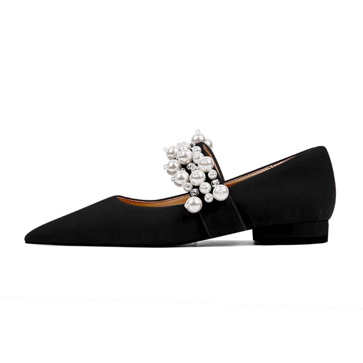 XYD Women's Pointed Toe Velvet Flats with Pearl Strap & Beaded Details - Elegant Mary Jane Shoes for Retro Party, Wedding & Dress Occasions