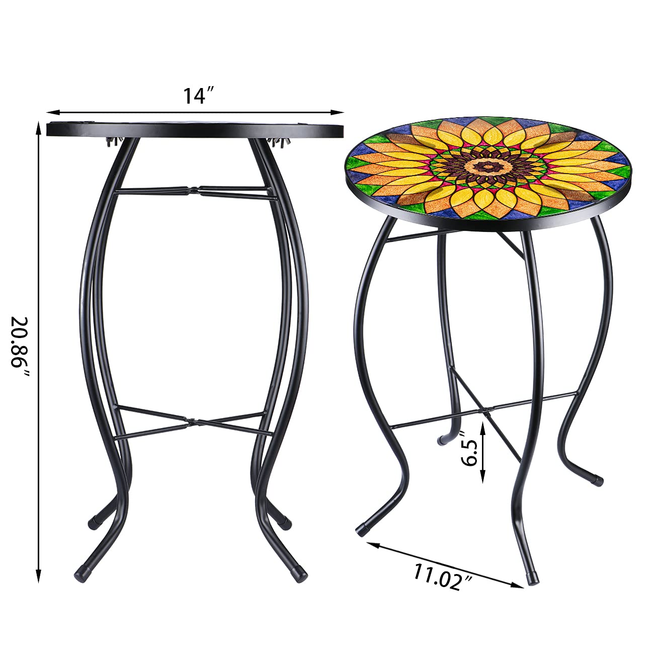 VCUTEKA Yellow Sunflower Mosaic Outdoor Side Table - 14 Inch Round Glass Top Patio Coffee Table for Balcony, Garden & Indoor Decor | Perfect for Drinks, Books & Plant Display