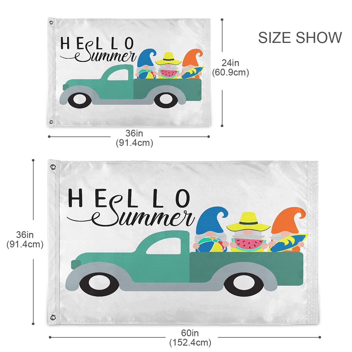 Hello Summer Gnomes Flag 2x3 Feet - Double Stitched Windproof Garden Flag with Brass Grommets for Outdoor Decor, Yard, Boat & Patio - Perfect for Summer Parties, Backyard BBQs & Seasonal Home Decoration