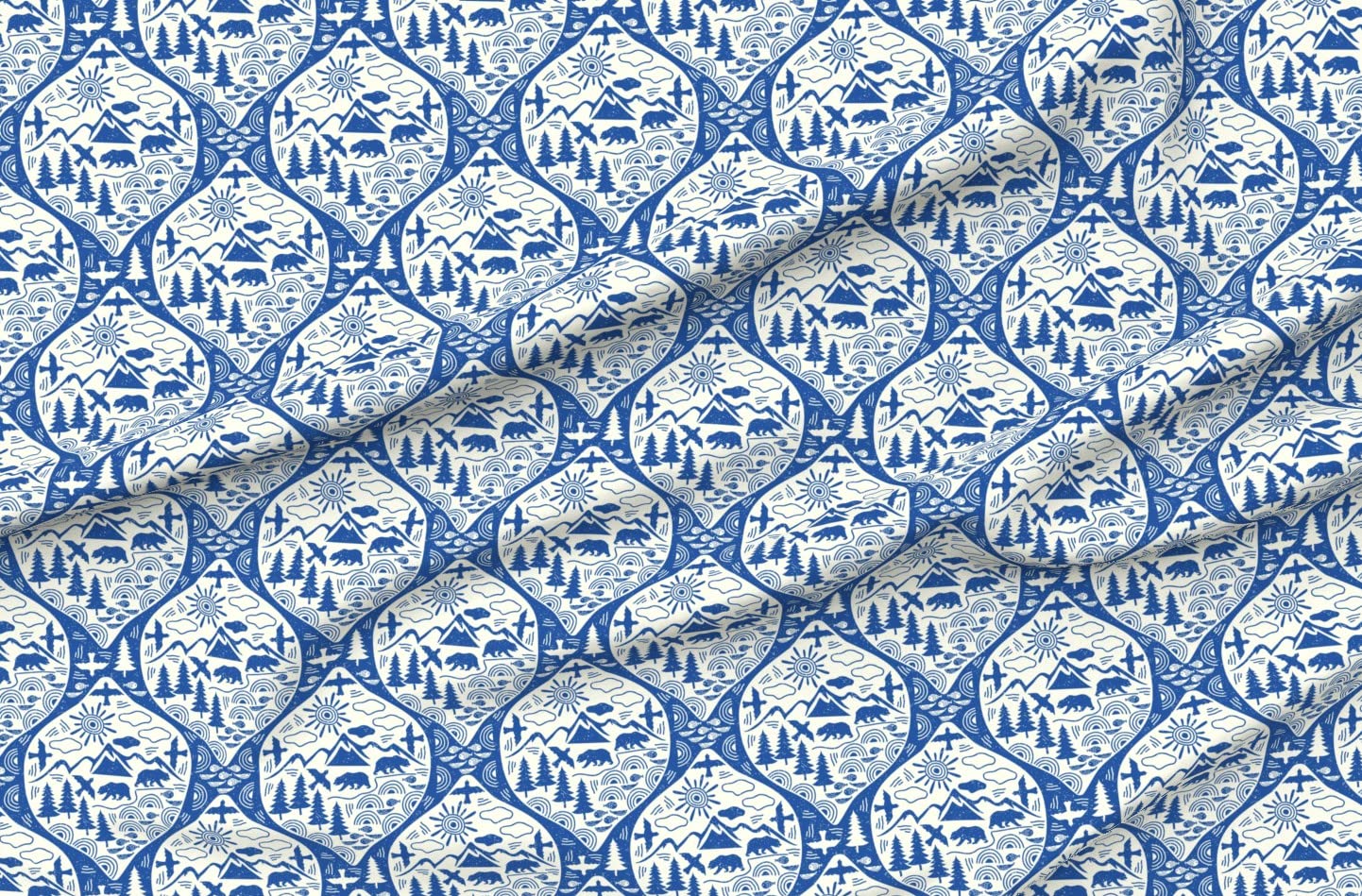 Outdoor Adventure Forest Bear Landscape Damask Printed Petal Signature Cotton Fabric by The Yard - Premium Spoonflower Fabric for Sewing, Quilting, Apparel & Home Decor - Perfect for DIY Crafts, Curtains, Pillows and Table Runners