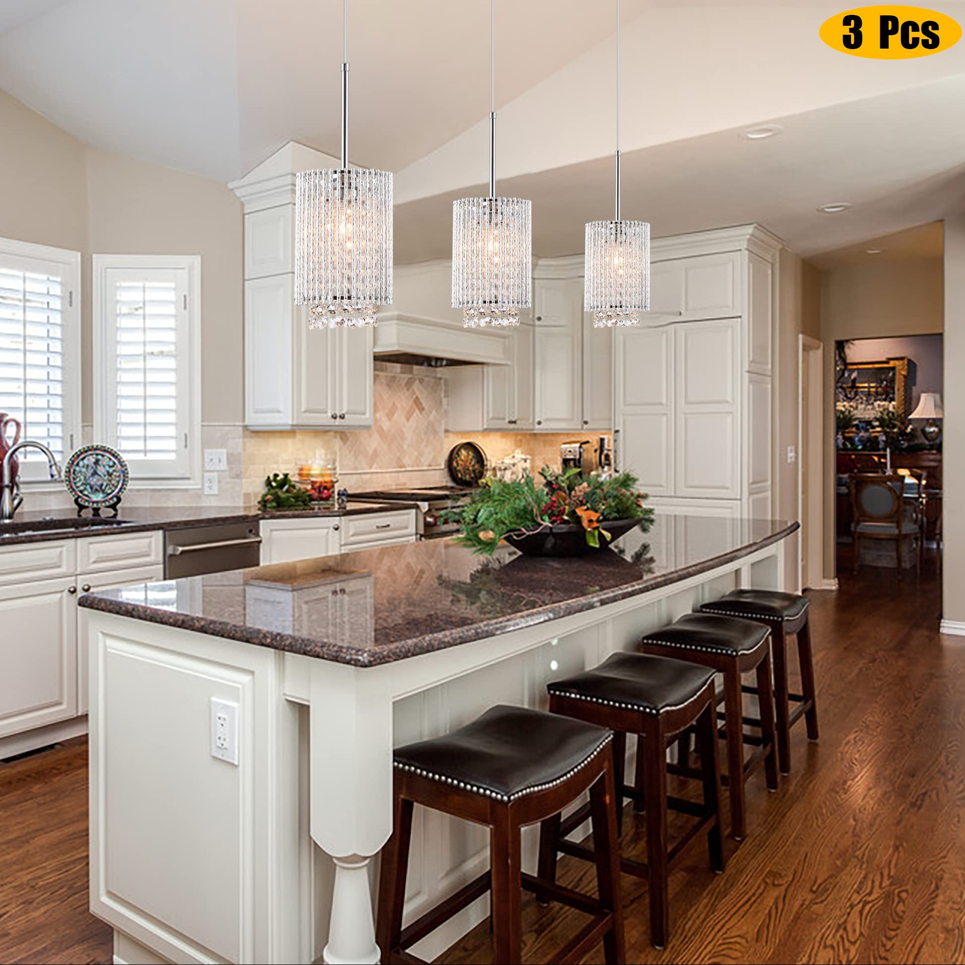3 Pack Farmhouse Pendant Lights - Crystal Hanging Chandelier for Kitchen Island, Dining Room, Bedroom & Bar - Modern Ceiling Fixture with E26 Base - Perfect for Home Decor, Restaurant Lighting & Commercial Spaces