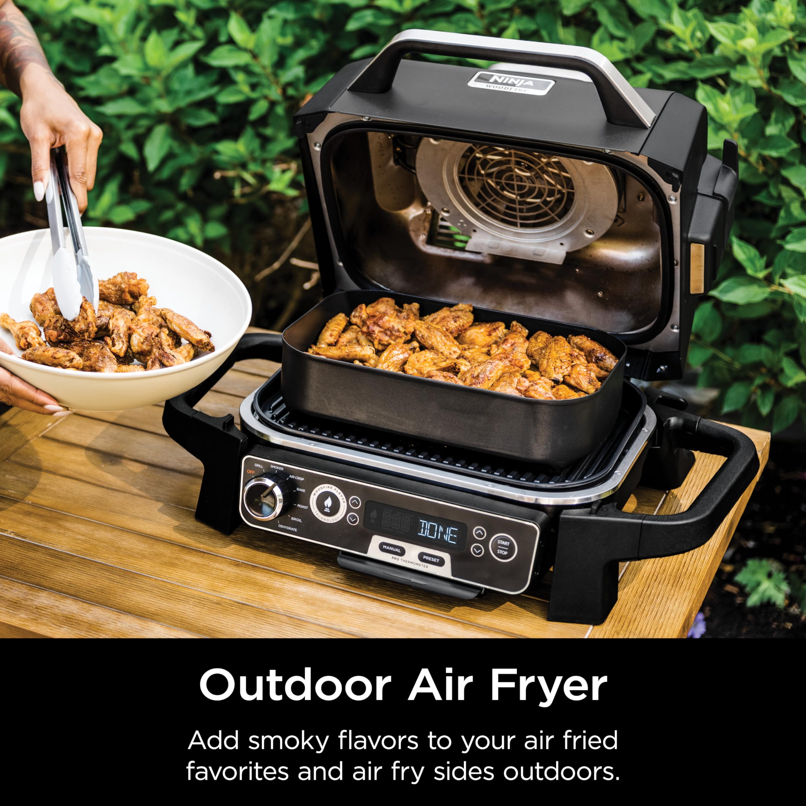 Ninja Woodfire Pro 7-in-1 Electric Outdoor Grill & Smoker with Thermometer - Portable BBQ Smoker, Air Fryer, Oven for Baking, Roasting, Dehydrating & Broiling - Includes Ninja Woodfire Pellets (Grey, OG751BRN) - Perfect for Backyard BBQs, Camping & Outdoor Cooking